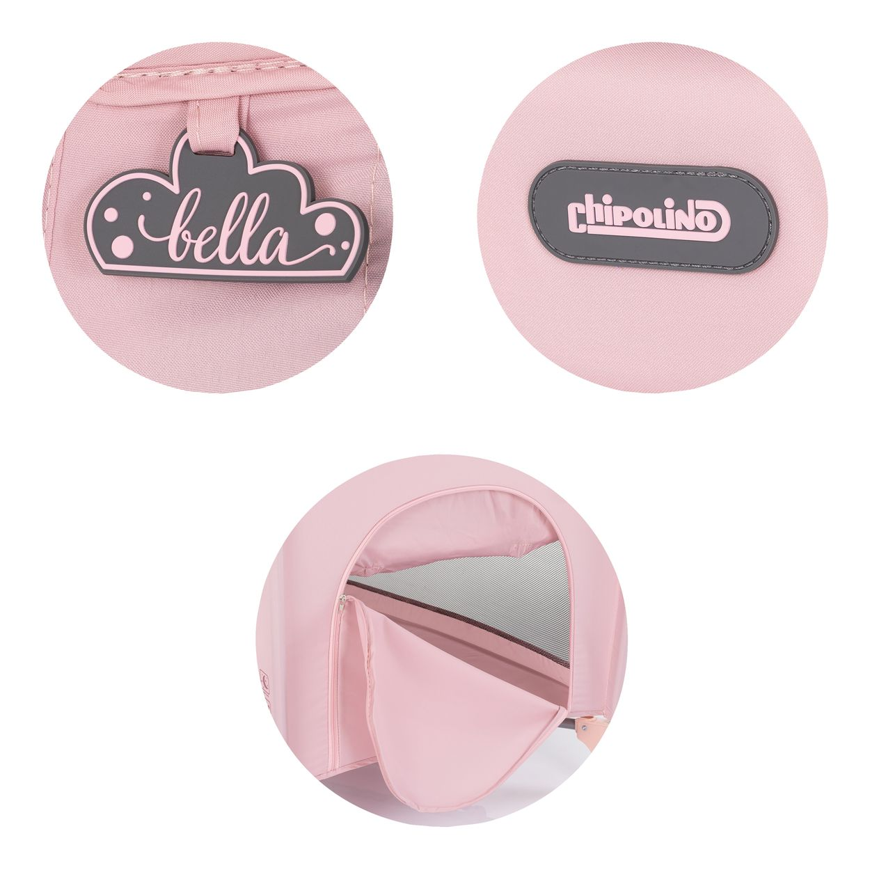 Rosa Kinderwagen-Detail: "bella"-Anhänger, "Chipolino"-Logo und Belüftungsnetz.