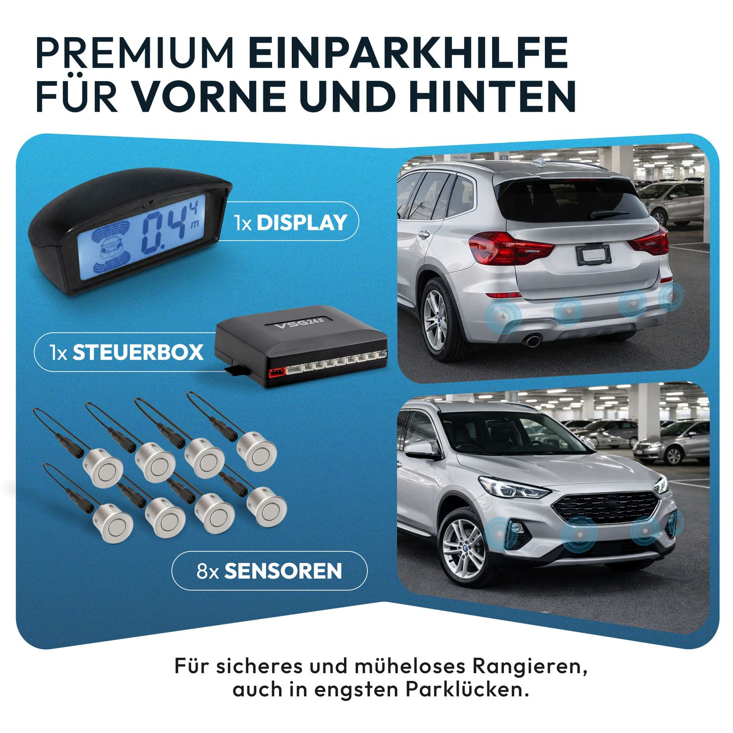 Premium Einparkhilfe mit Display, Steuerbox und 8 Sensoren für Autos.