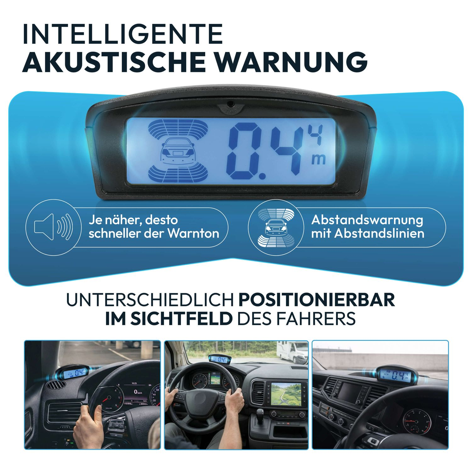 Intelligentes akustisches Warnsystem im Auto, zeigt Abstand an.