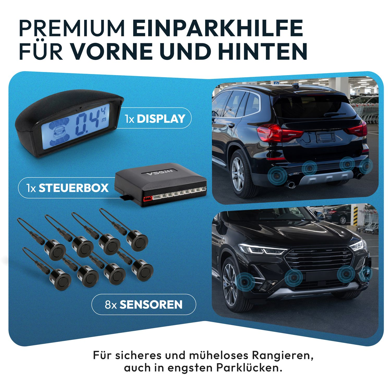 Parkhilfe-Set mit Display, Steuerbox und 8 Sensoren für vorne und hinten.