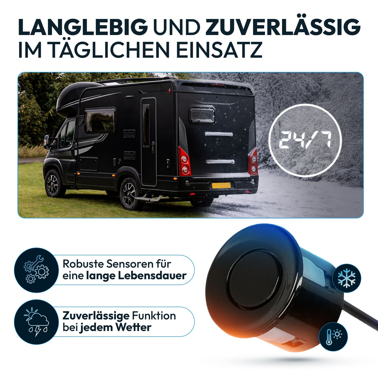 Schwarzer Camper im Schnee und Gras, mit Sensoren & Wetter-Icons.