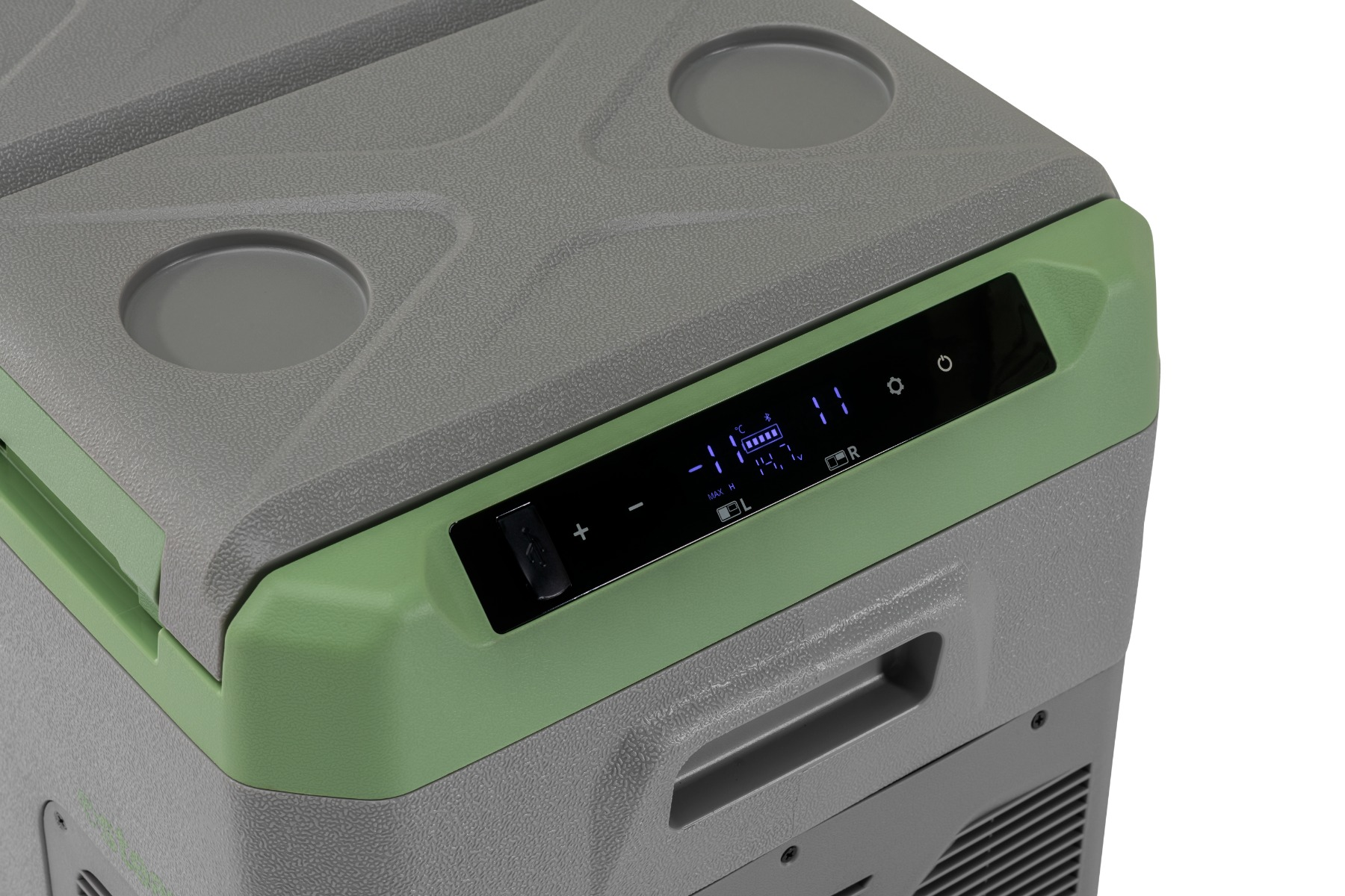 Grauer Kühlbox mit grünem Display, zeigt -11°C und Batterieanzeige.