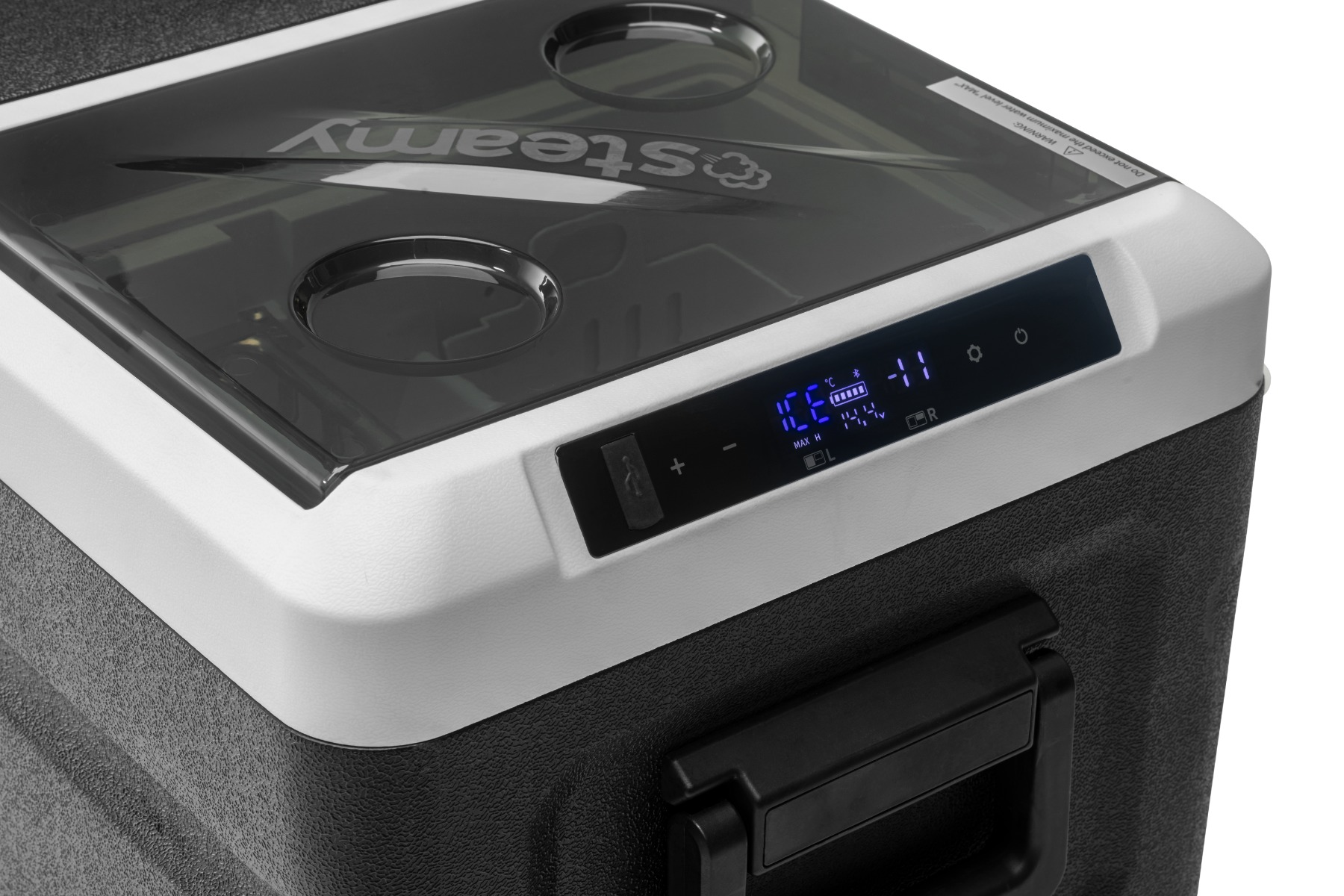 Ein schwarzer Kühlbox mit weißem Deckel und digitaler Anzeige.