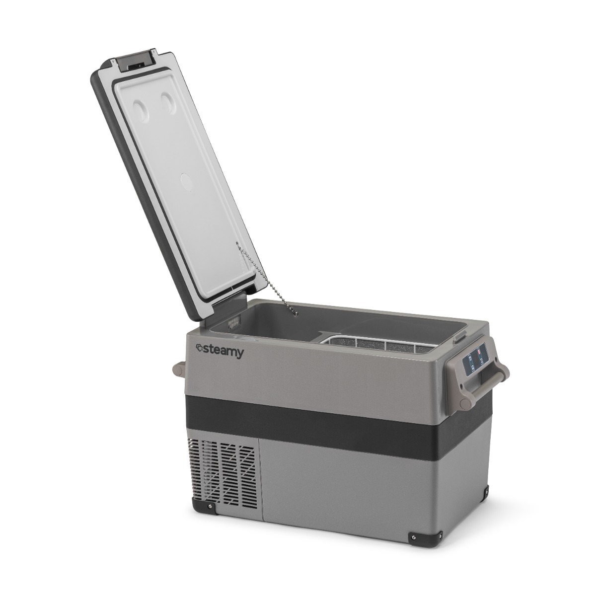 Ein offener, grauer Kühlbox mit schwarzem Streifen und digitalem Display.