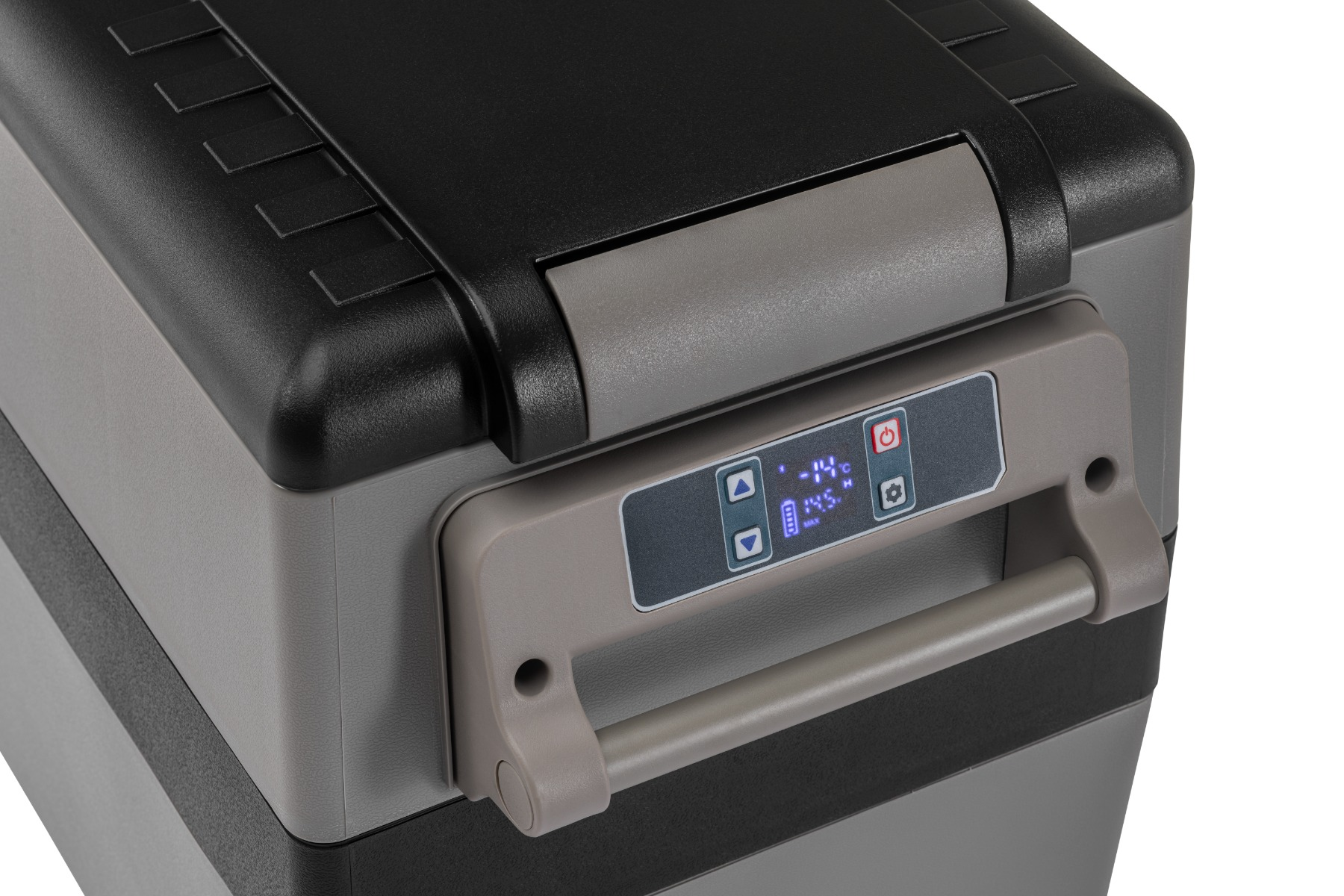 Ein grauer und schwarzer Kühlbox mit digitaler Anzeige zeigt -14°C.