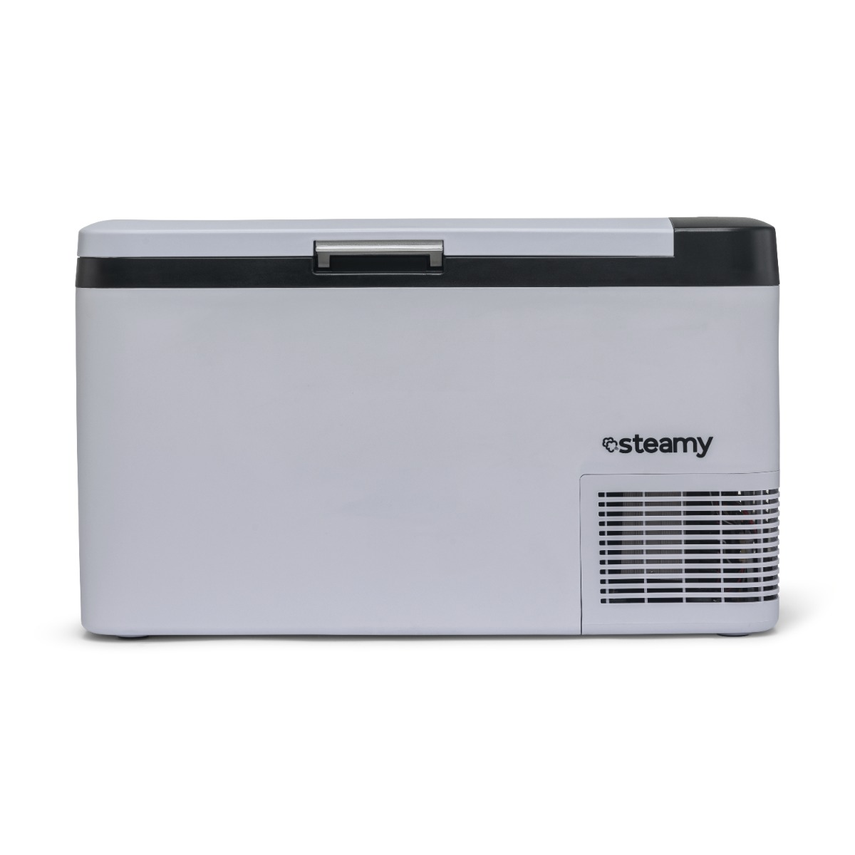 Un congélateur coffre blanc avec un couvercle noir et une grille de ventilation.
