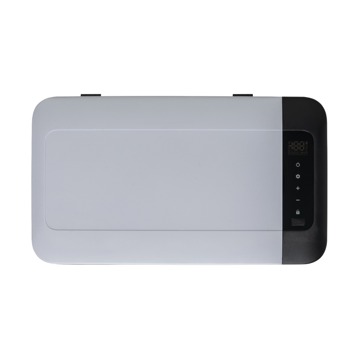 Un appareil électronique blanc et noir avec écran numérique et boutons de commande.