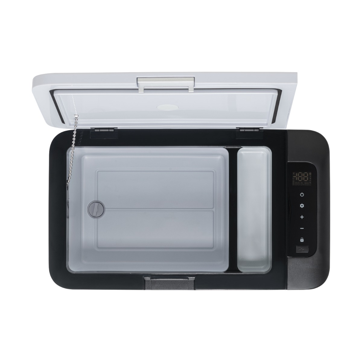 Glacière portable noire ouverte avec couvercle blanc. Affichage numérique 48 degrés.