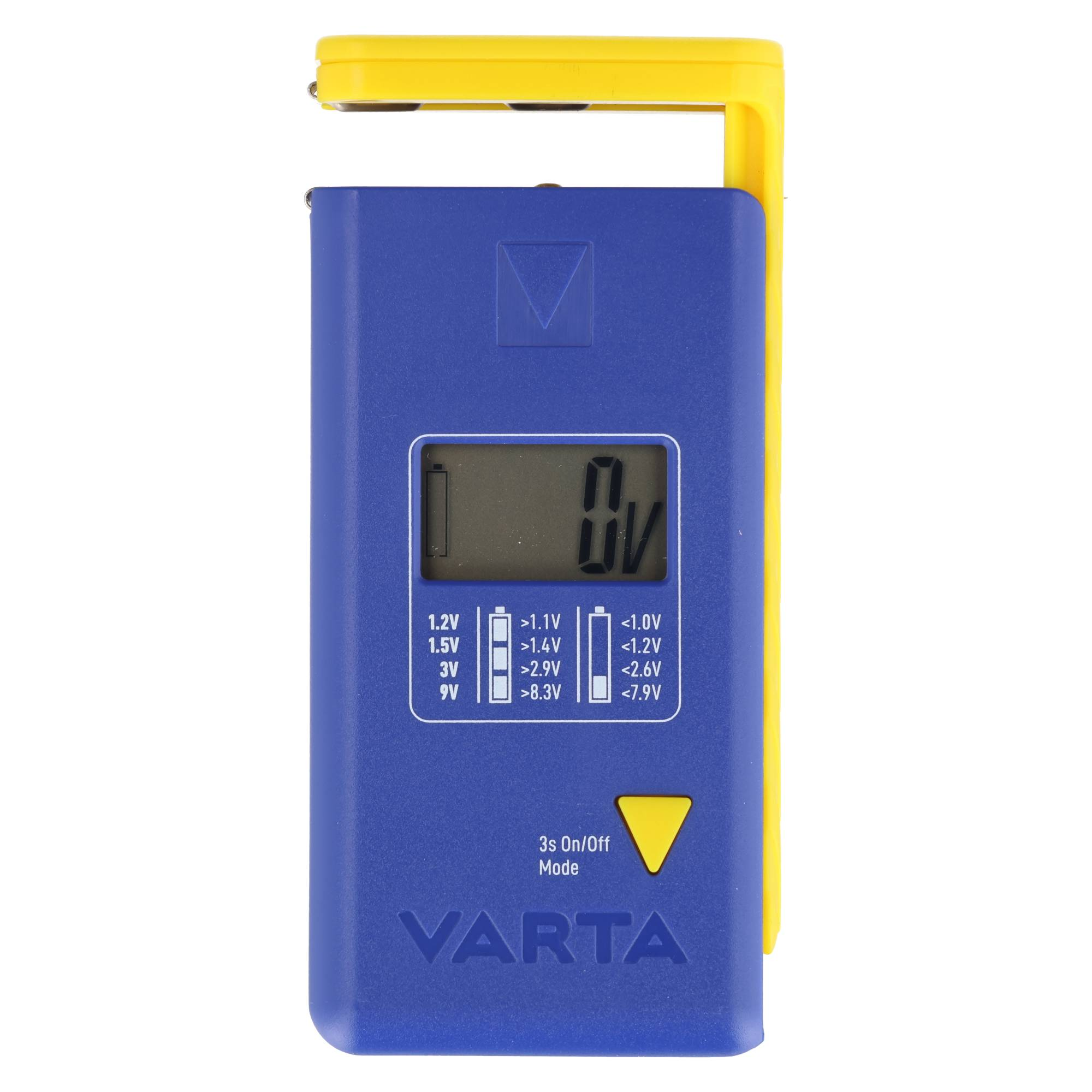 Blauer Varta Batterietester mit gelbem Bügel. LCD zeigt 0V.