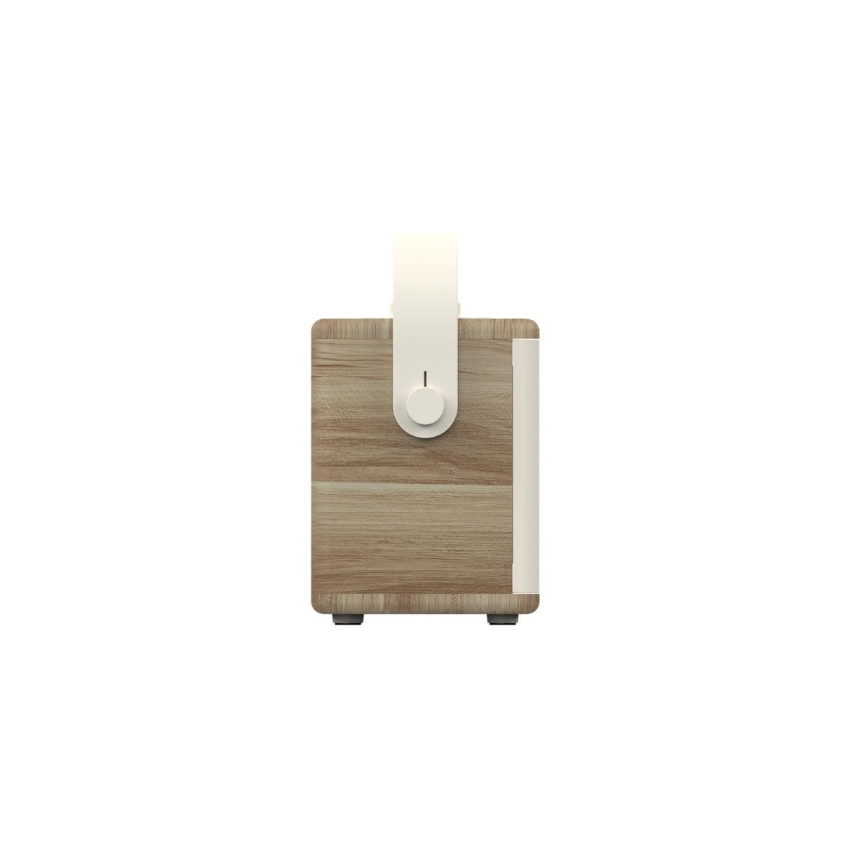 Une boîte en bois avec poignée et bouton blancs. Pieds blancs en bas.