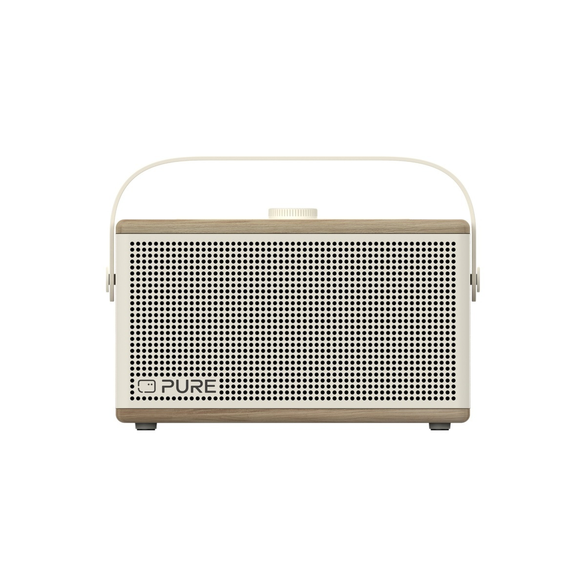 Une enceinte portable blanche avec accent bois et poignée crème. Logo "PURE" visible.