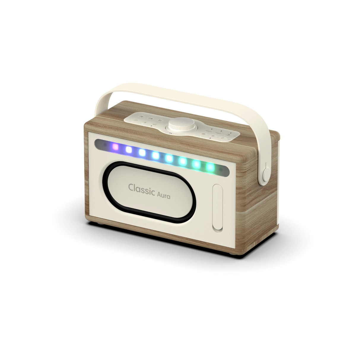 Une radio en bois avec poignée et LED colorées. Sur fond blanc.