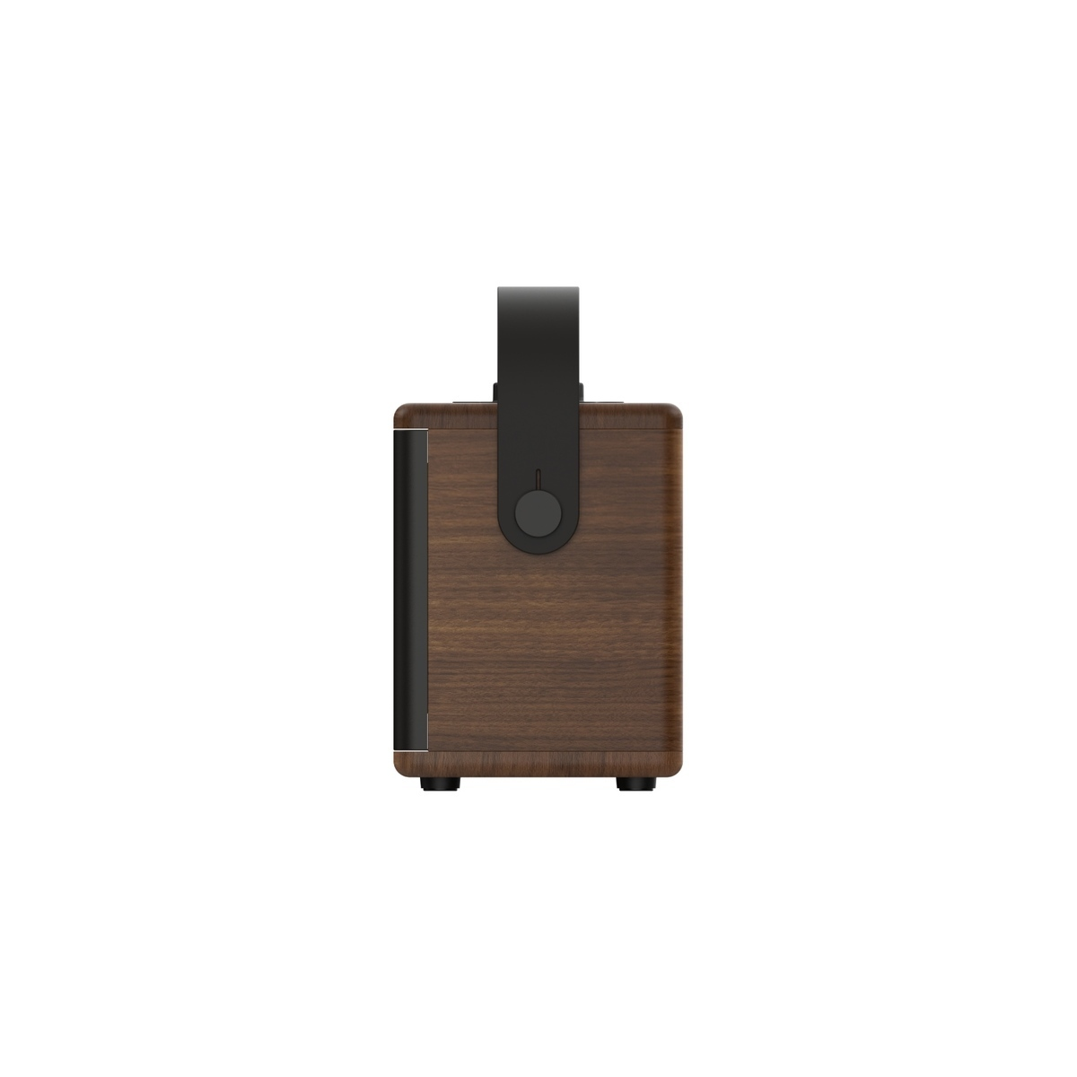 Une enceinte en bois marron avec une poignée et un bouton noirs.