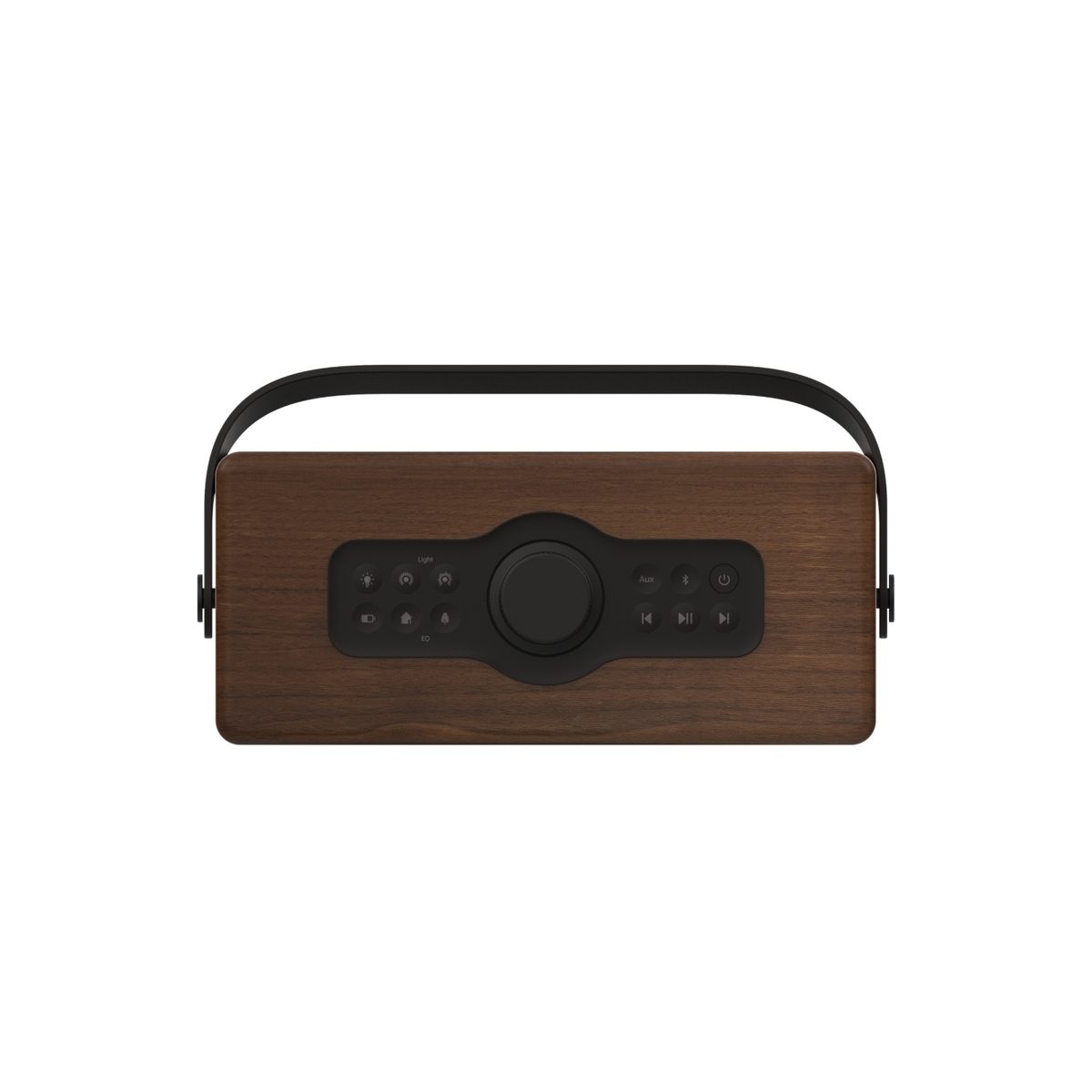 Radio en bois marron avec poignée noire et commandes dessus.