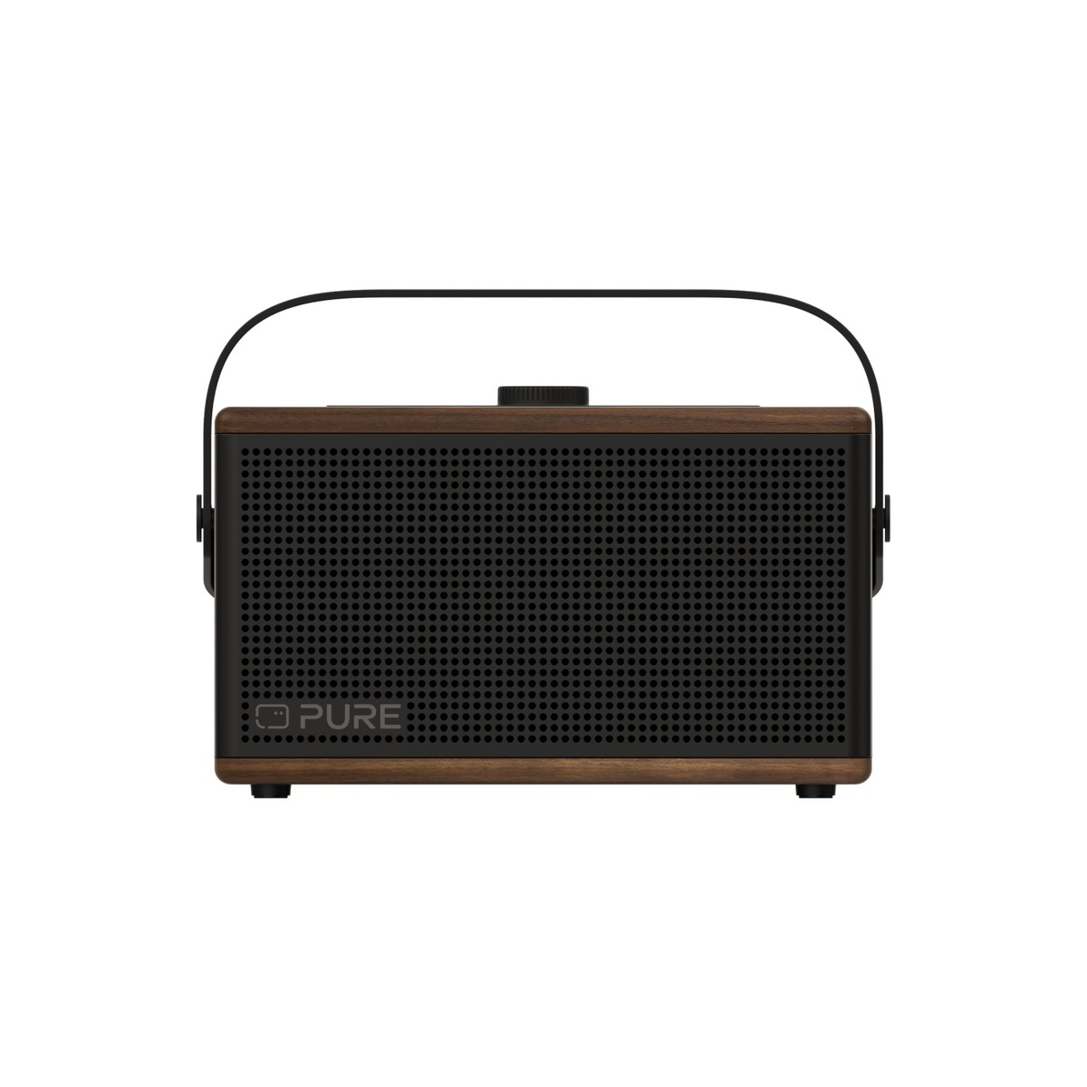 Une enceinte marron avec une grille et une poignée noires.
