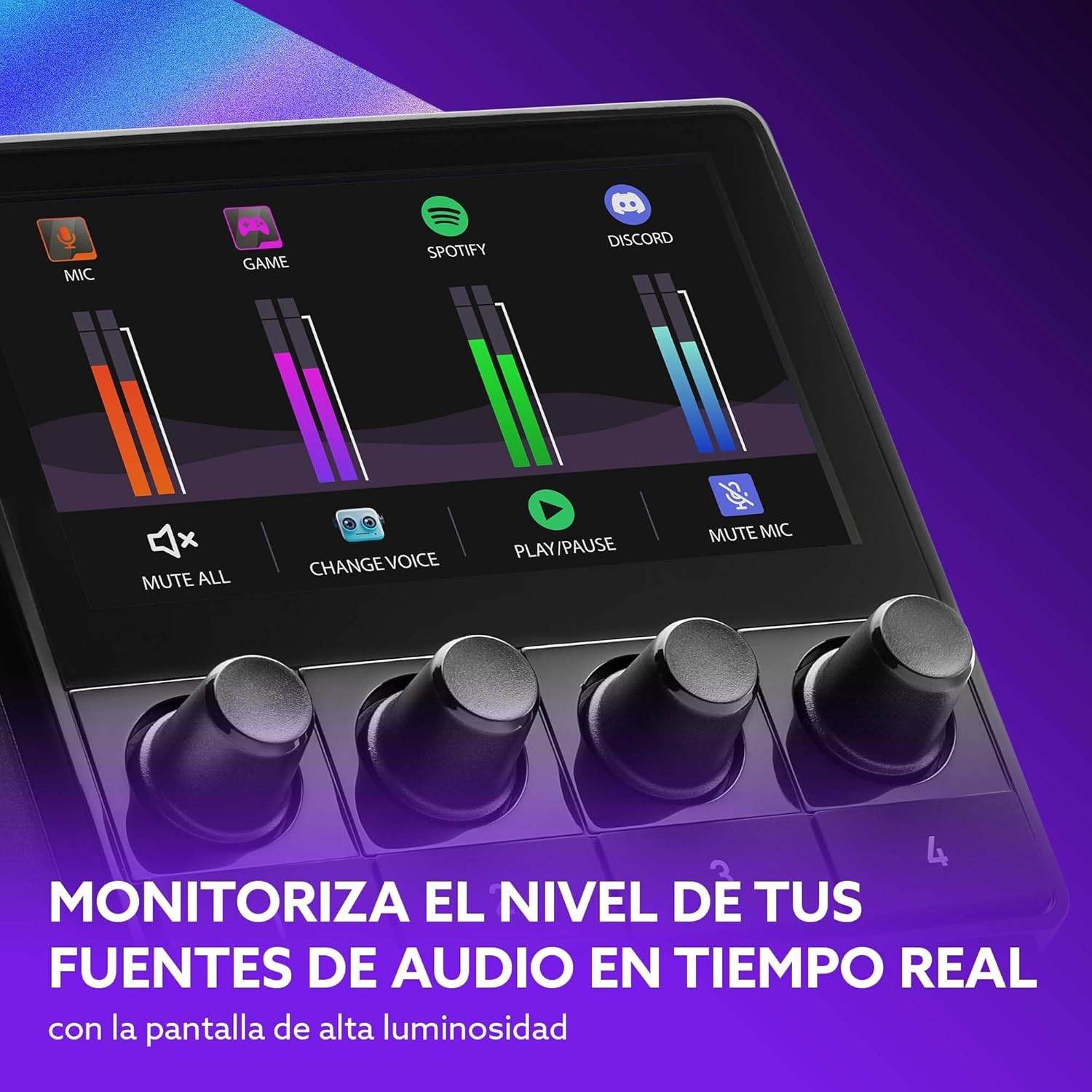 An audio mixer screen displays levels for Mic, Game, Spotify, and Discord.