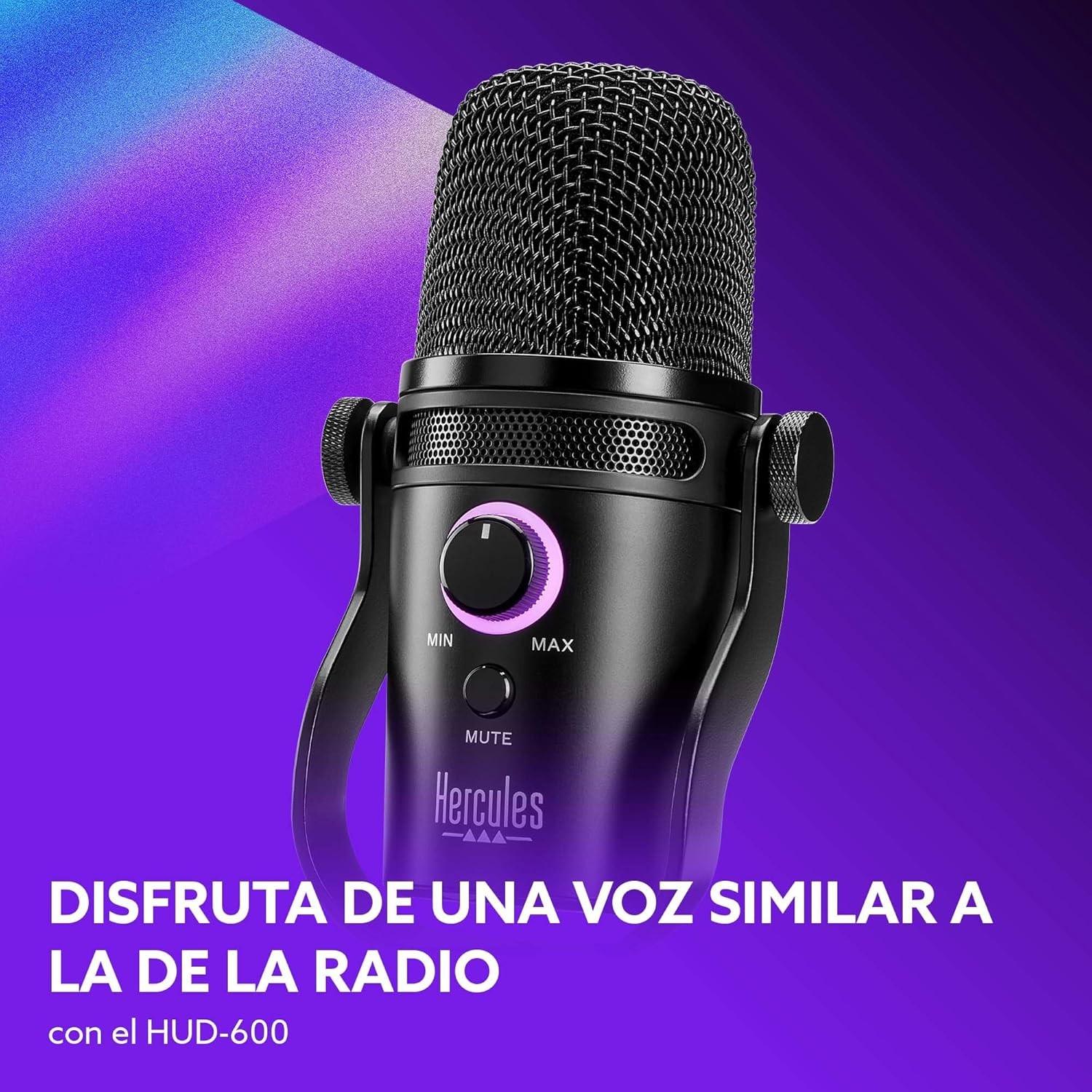 A black microphone with volume control and mute button against a purple background.