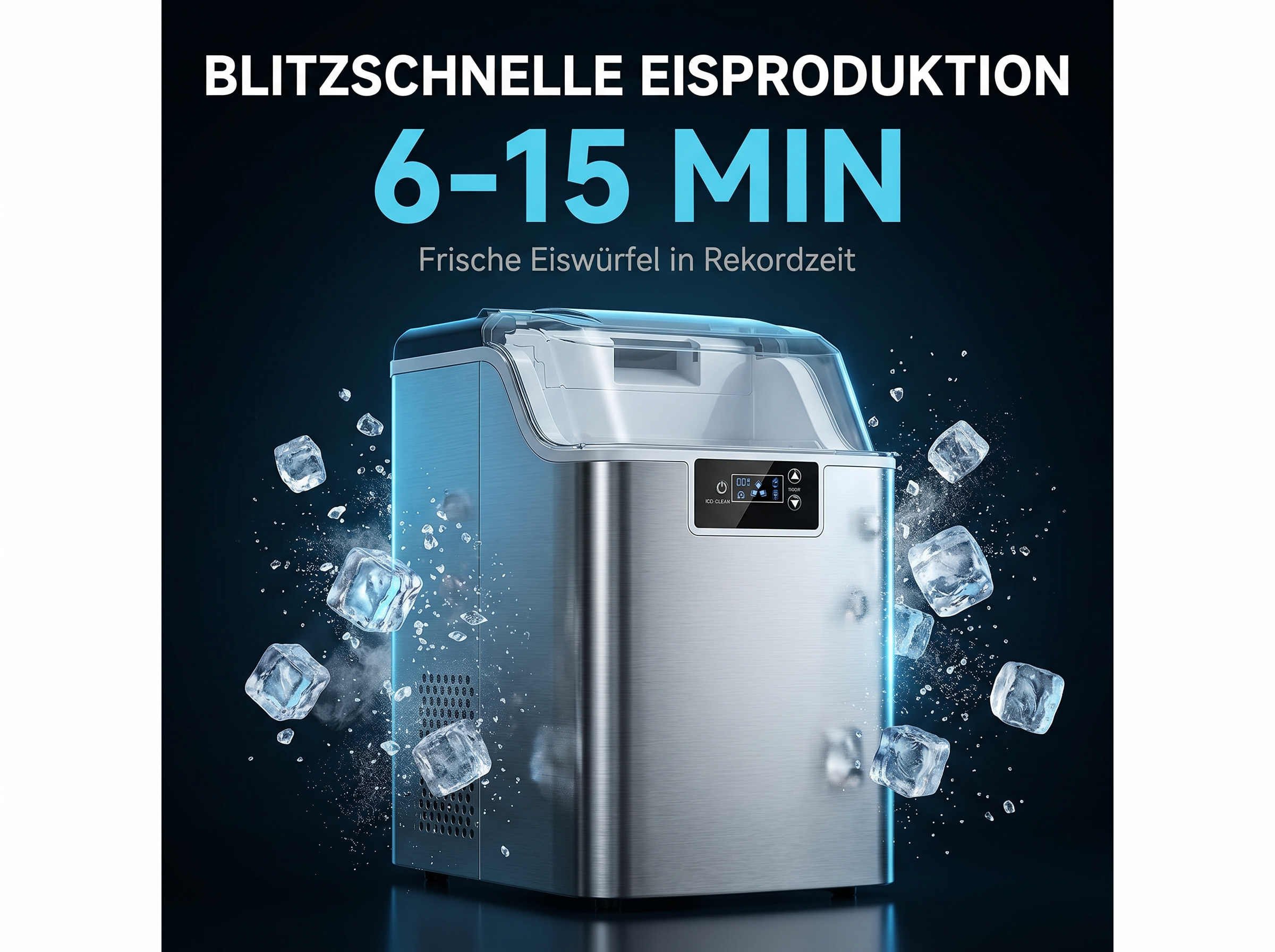 Ein silberner Eiswürfelbereiter mit transparentem Deckel, umgeben von Eiswürfeln.