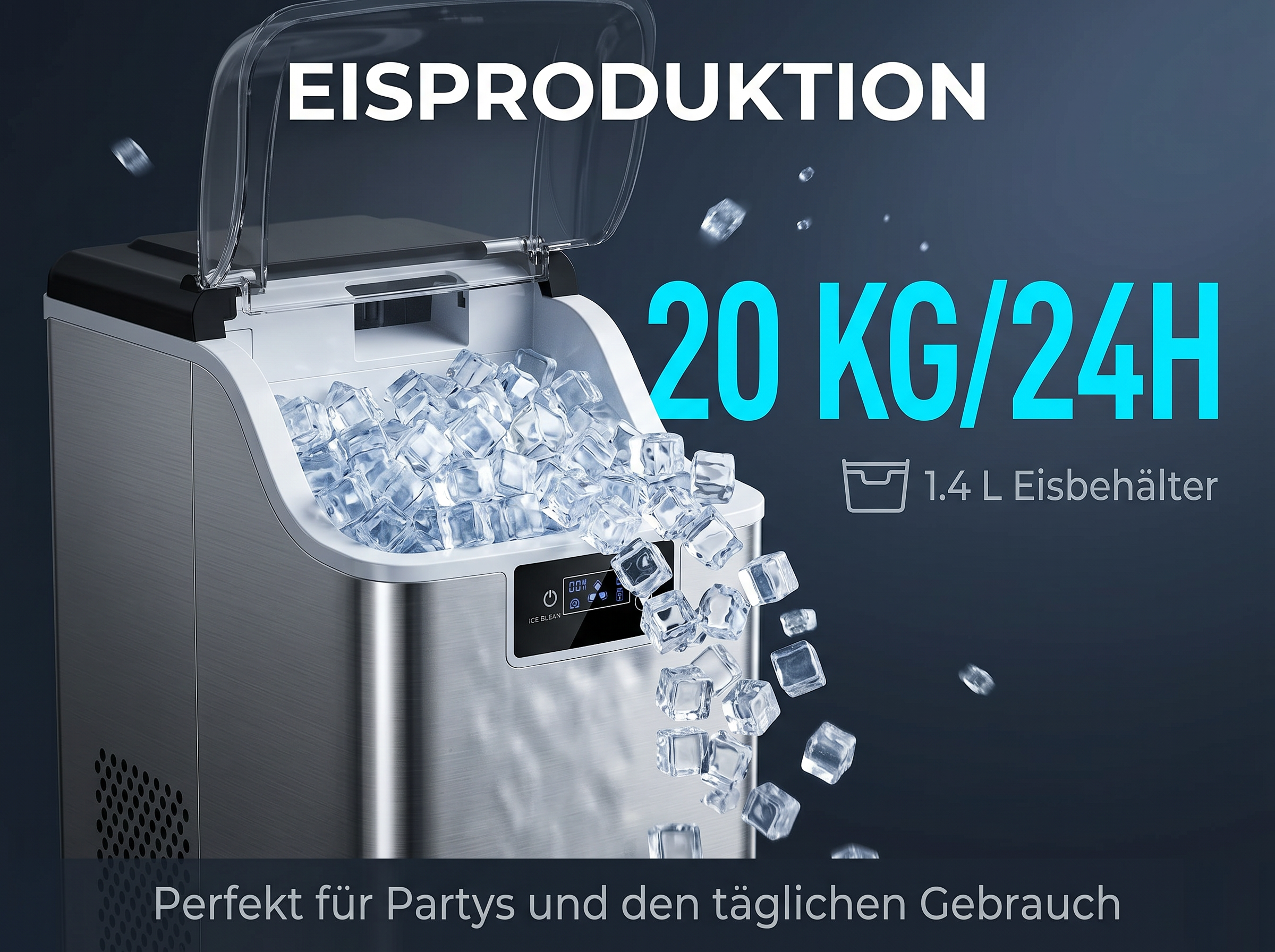 Edelstahl Eismaschine produziert 20kg Eis pro Tag, perfekt für Partys.
