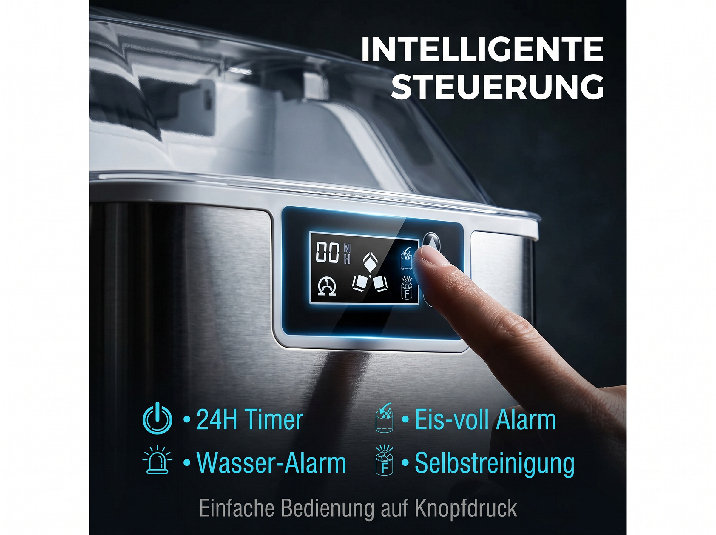 Nahaufnahme eines Fingers, der einen Knopf auf einem eleganten, modernen Eisbereiter mit Digitalanzeige drückt.