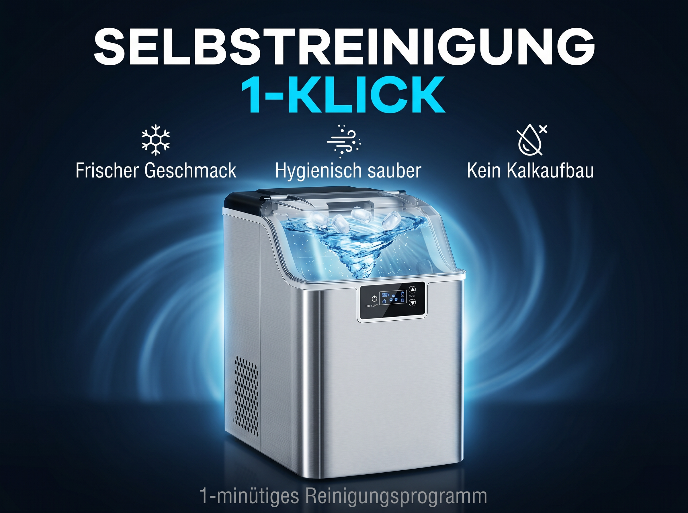 Edelstahl-Eismaschine mit 1-Klick-Selbstreinigungsfunktion, frischer Geschmack, hygienisch.