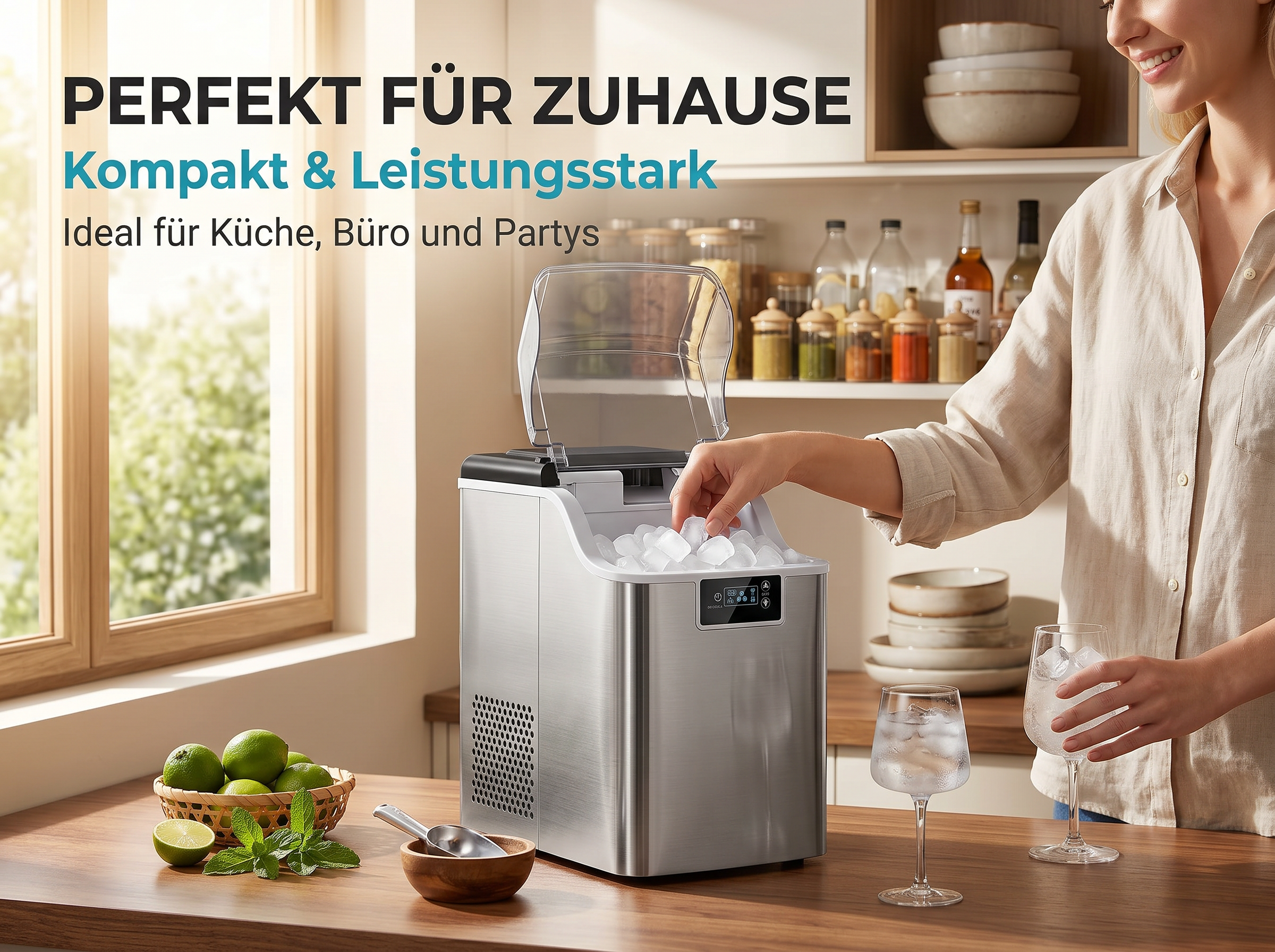Eine Frau macht Eiswürfel in einer Küche. Ein Eisbereiter steht auf dem Tresen.