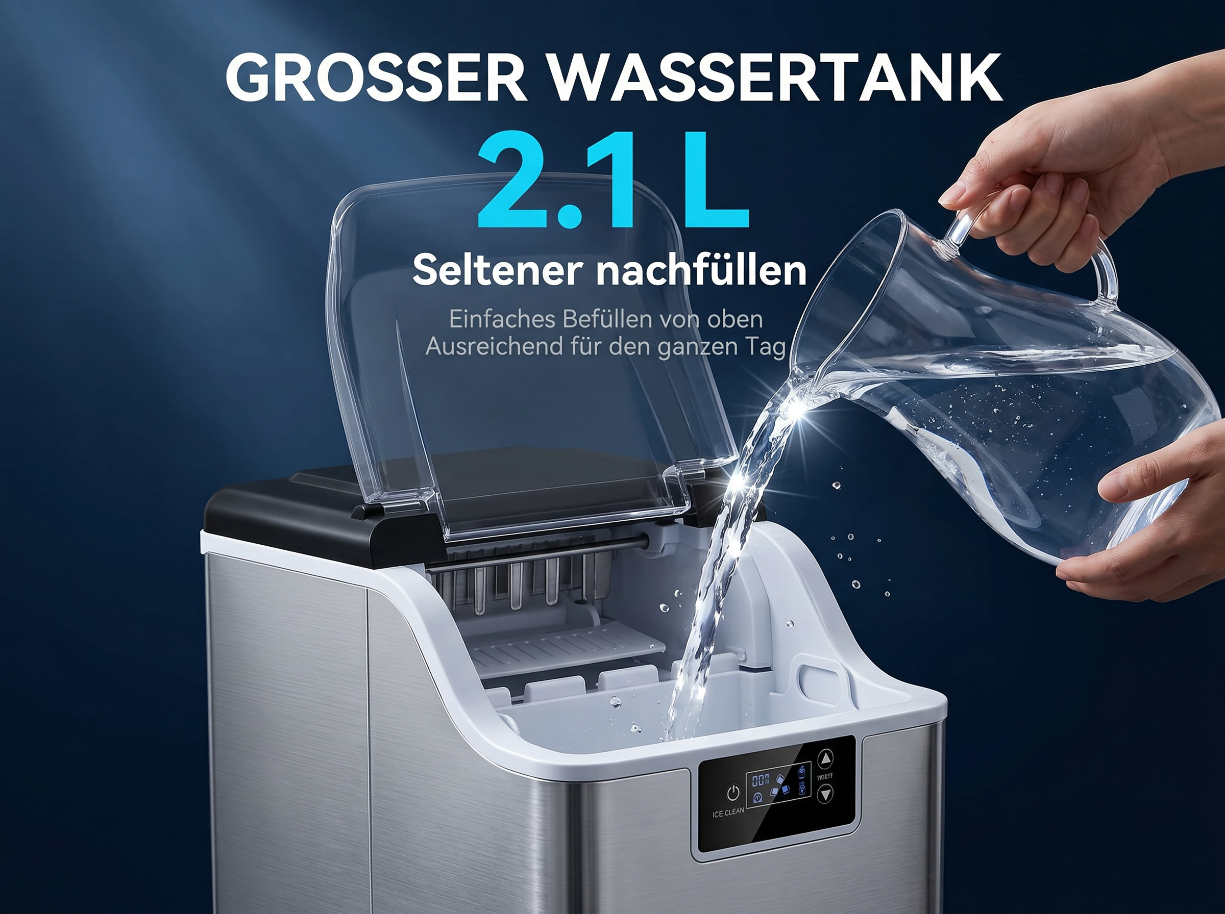Ein Wasserbehälter wird mit Wasser gefüllt. Großer Wassertank 2,1 L.