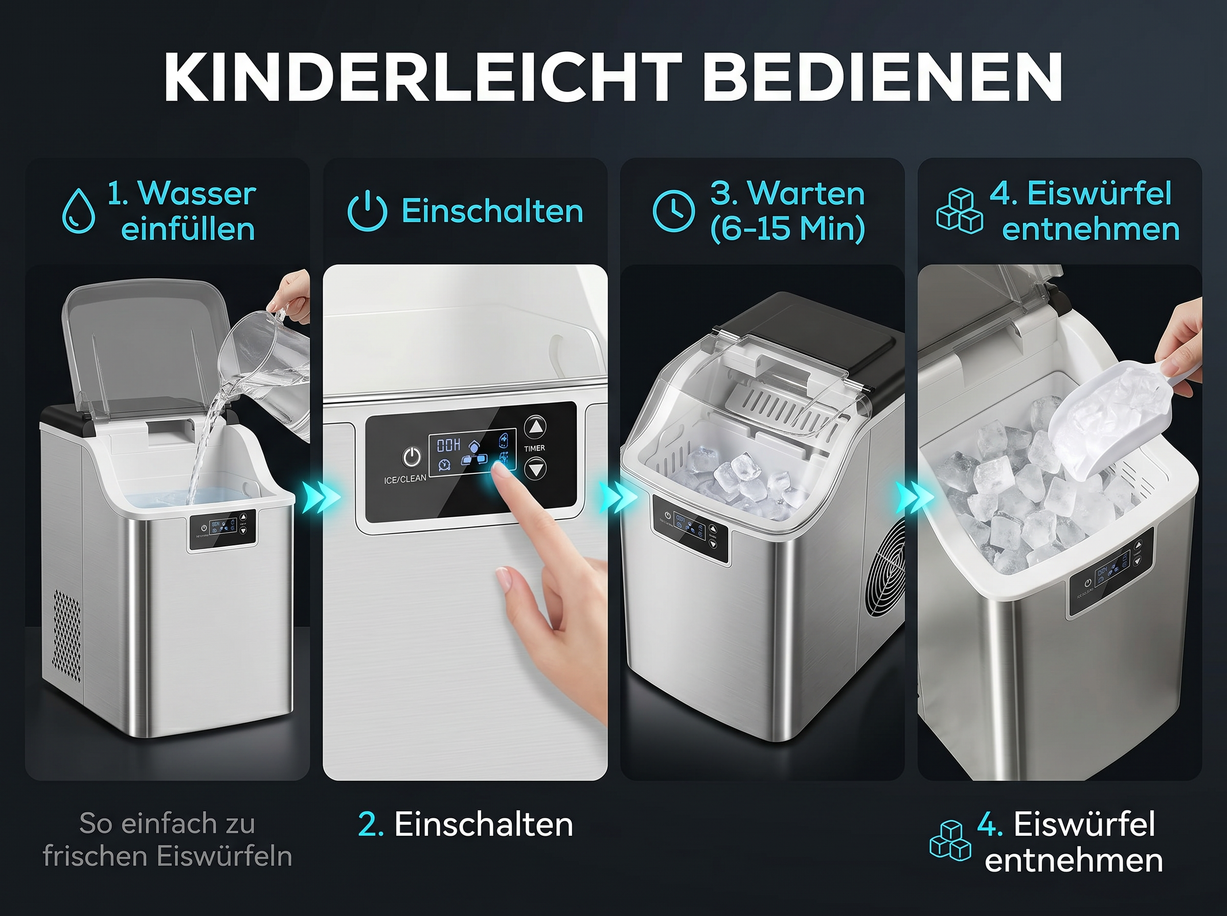 Anleitung zur Eiswürfelmaschine: Wasser einfüllen, einschalten, warten, Eis entnehmen.