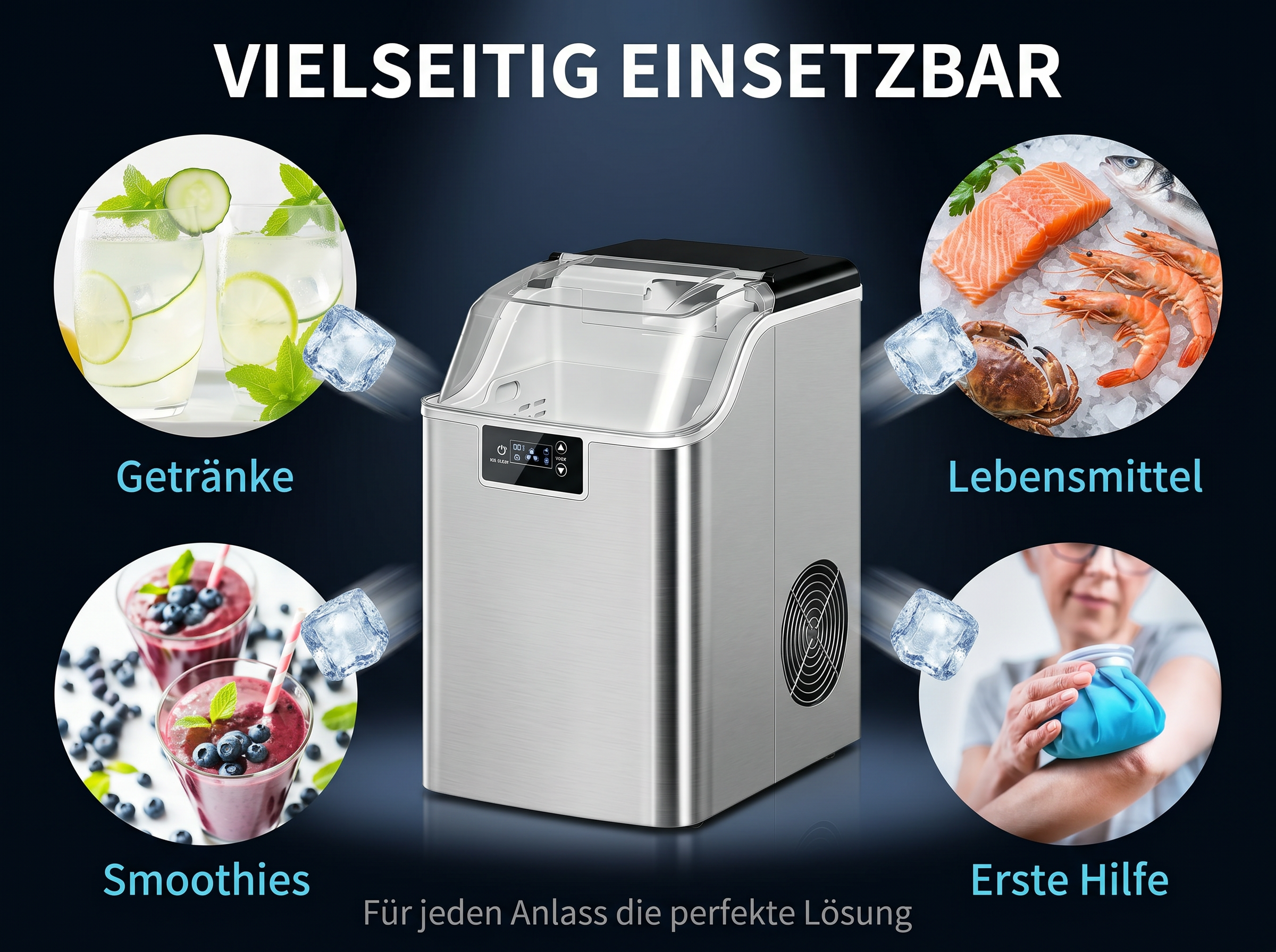 Eiswürfelmaschine für Getränke, Lebensmittel, Smoothies und Erste Hilfe.