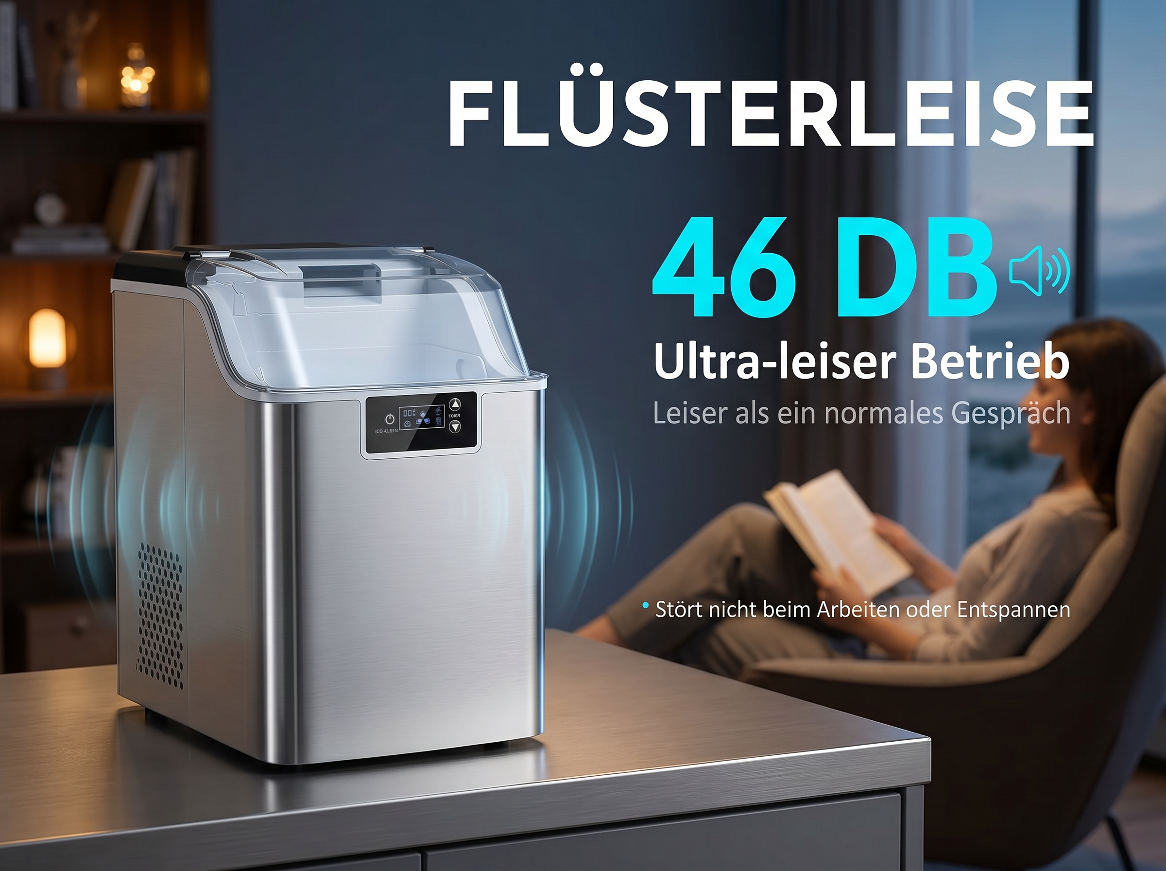 Leise Eiswürfelmaschine mit Bedienfeld und daneben eine lesende Person.