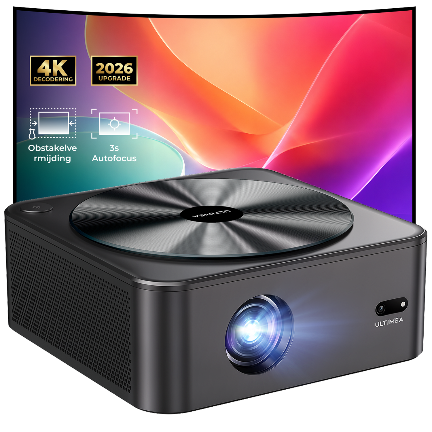 Een zwarte projector met "4K DECODING" en "2026 UPGRADE" op een scherm.