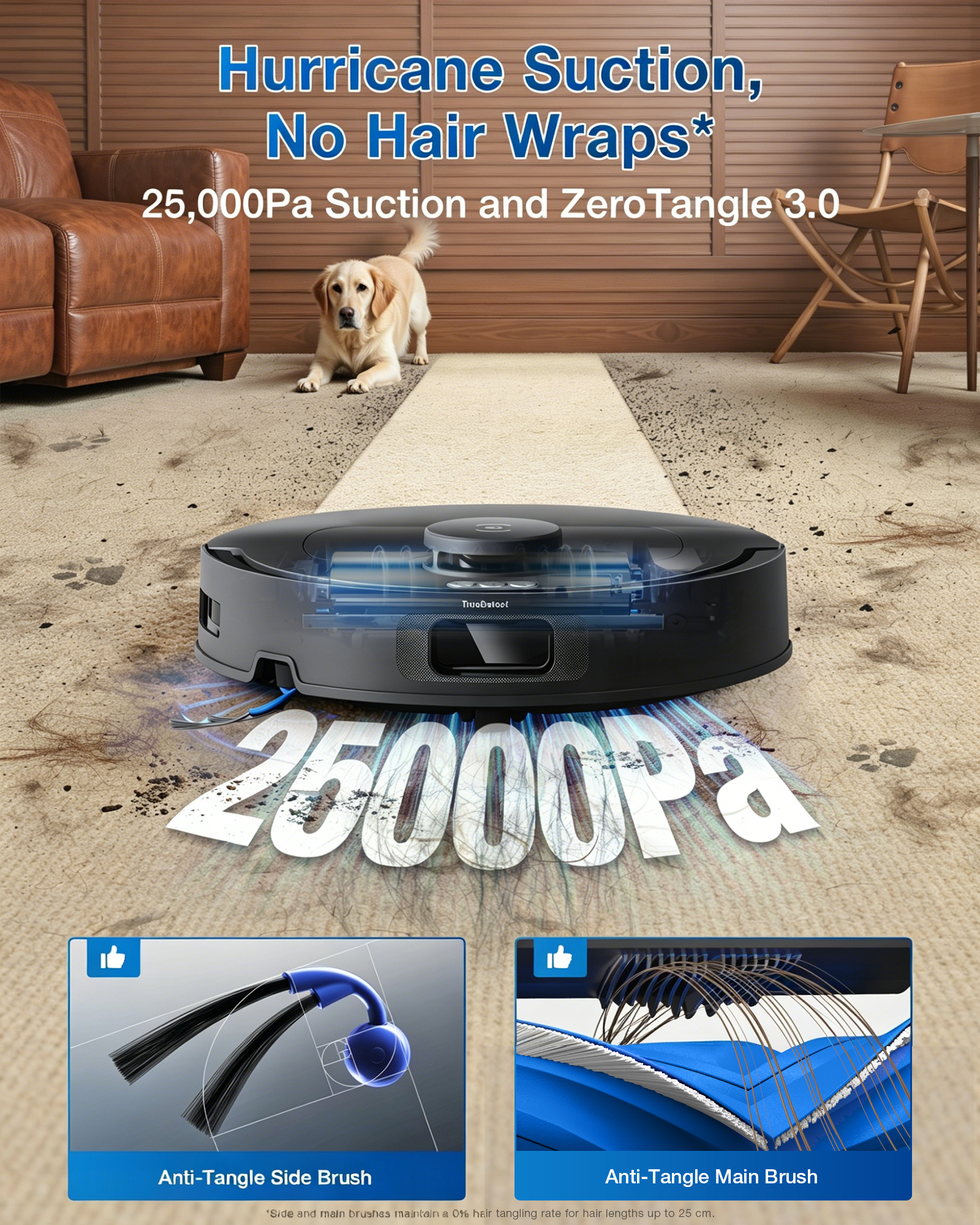 Un robot aspirateur nettoie un tapis avec un chien en arrière-plan.