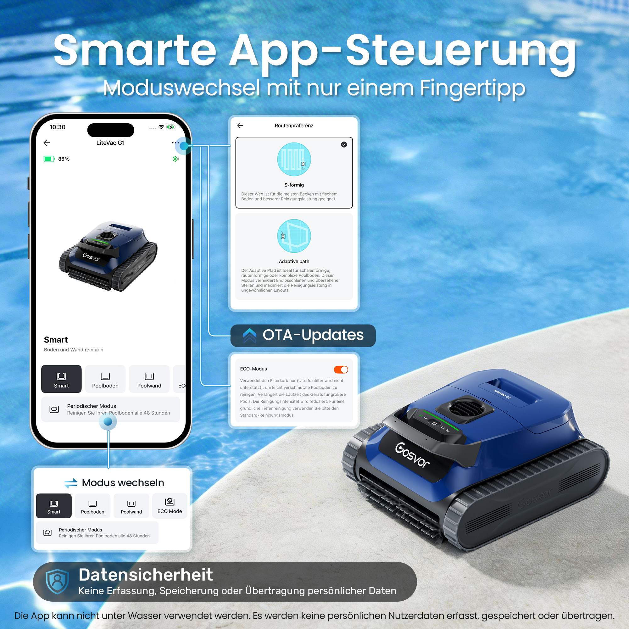 Smartphone-App zeigt Poolreiniger-Modi: S-förmig, adaptiv, ECO. Mit OTA-Updates.