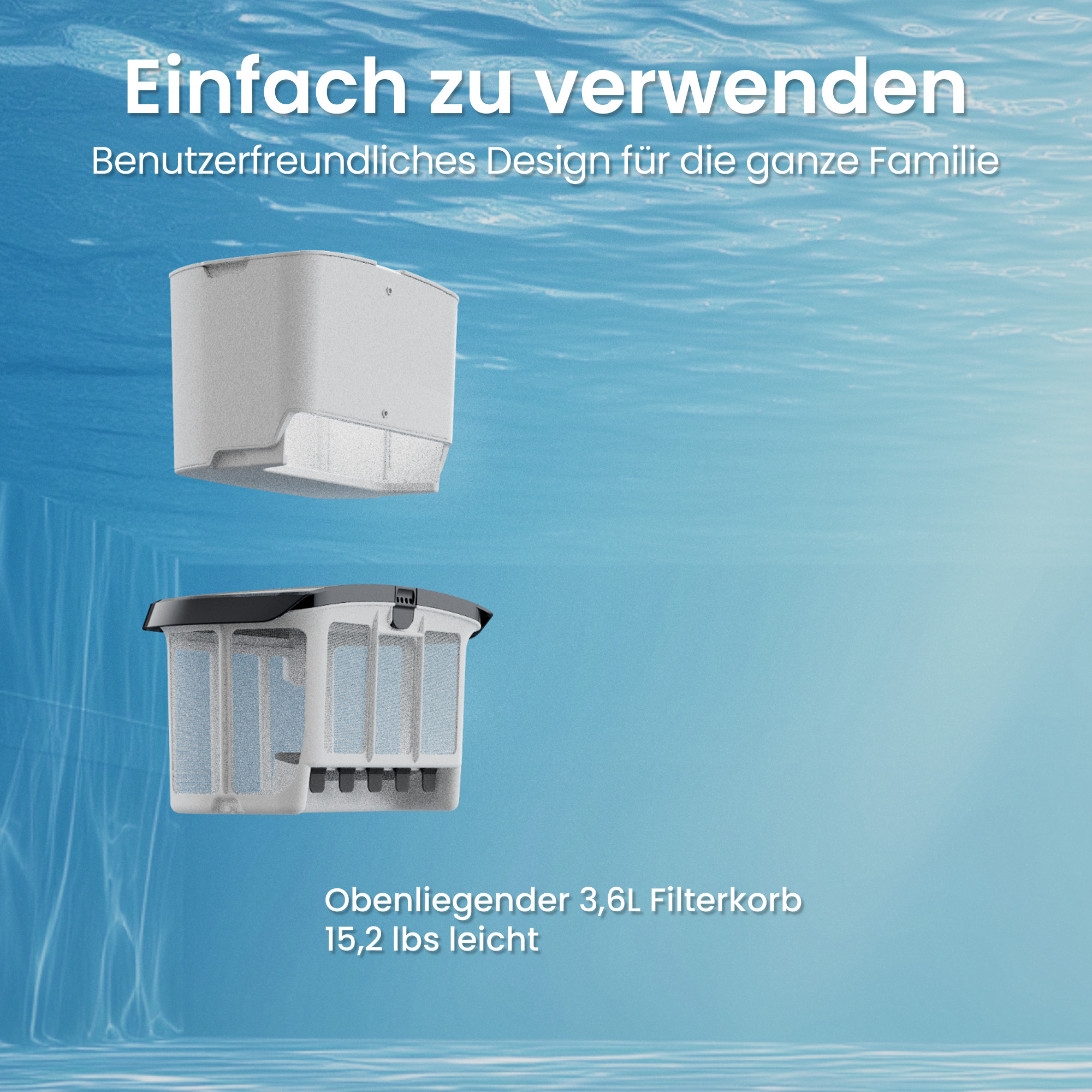 Ein weißer Filterkorb schwebt über einem anderen, leichten Filterkorb im Wasser.