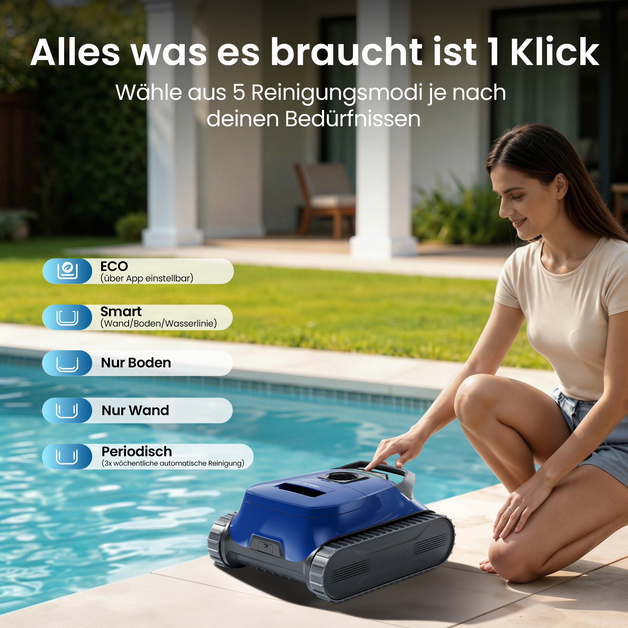 Eine Frau kniet neben einem Poolroboter, der am Beckenrand steht. Mehrere Reinigungsmodi sind aufgelistet.