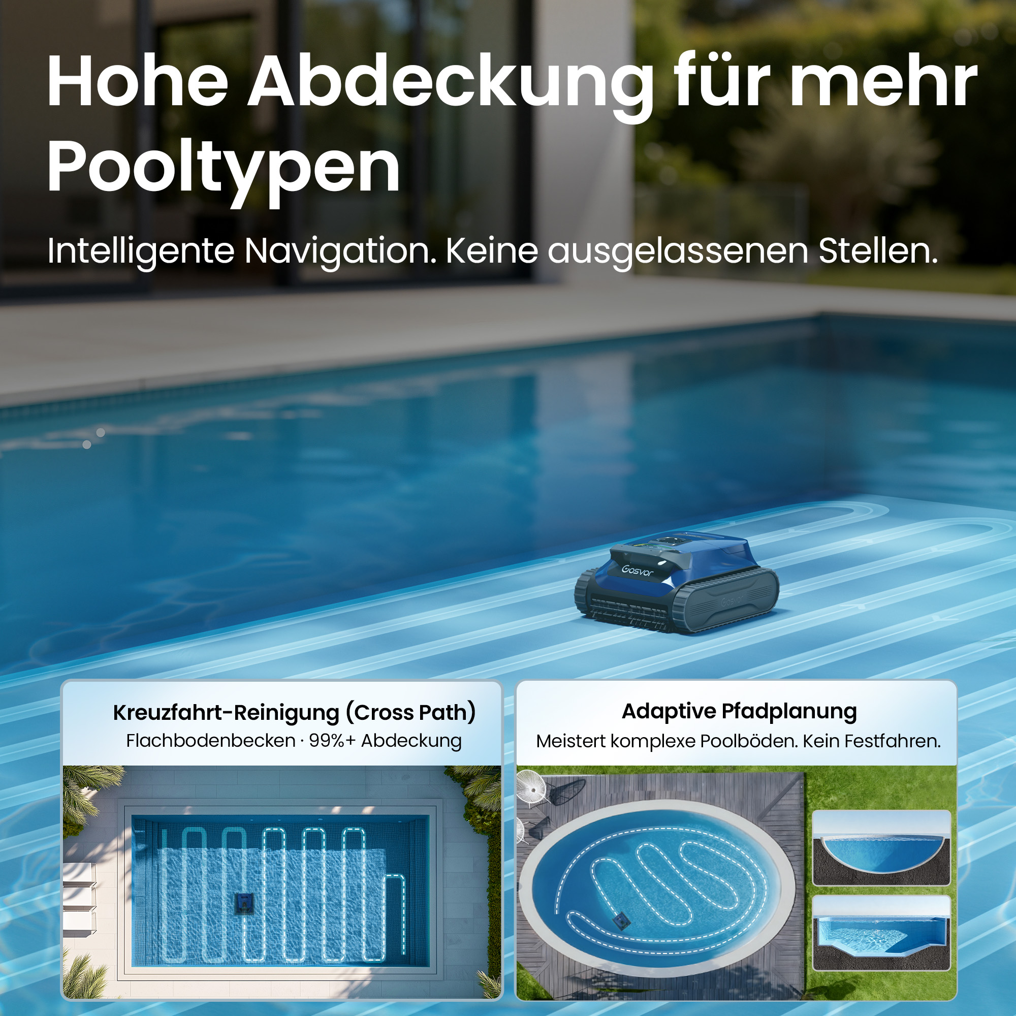 Ein blauer Poolroboter reinigt einen Pool mit intelligenter Navigation.