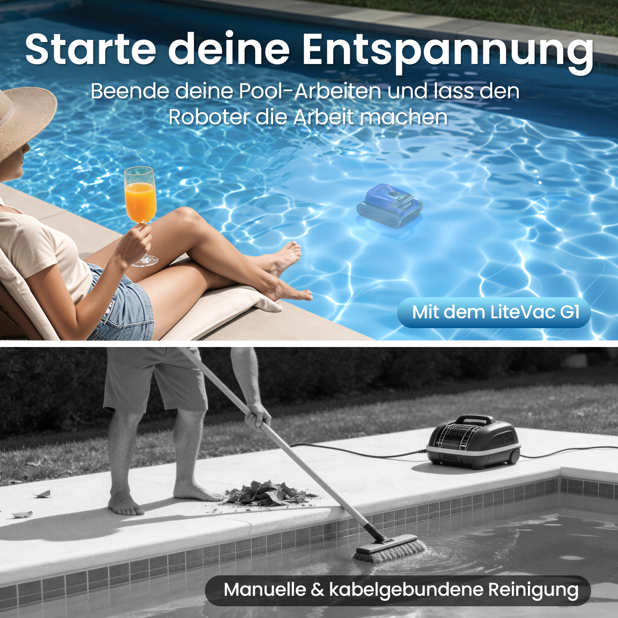 Entspannter Mensch am Pool mit Getränk, Poolroboter im Wasser. Unten: Mann reinigt Poolrand mit Bürste.
