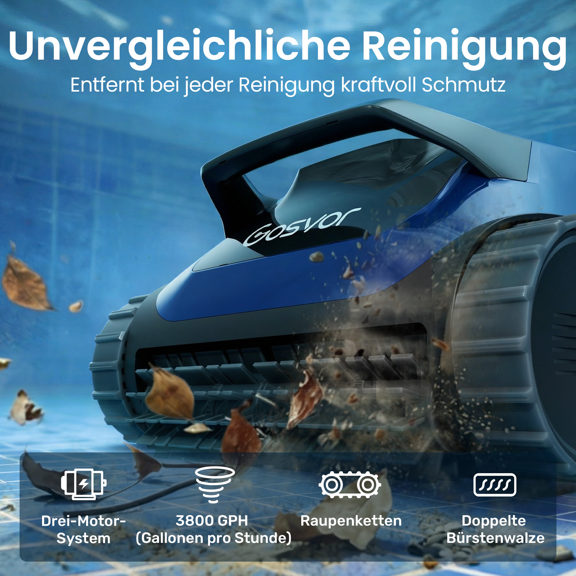 Ein blauer Poolreiniger mit Raupenketten reinigt einen Poolboden mit Blättern.