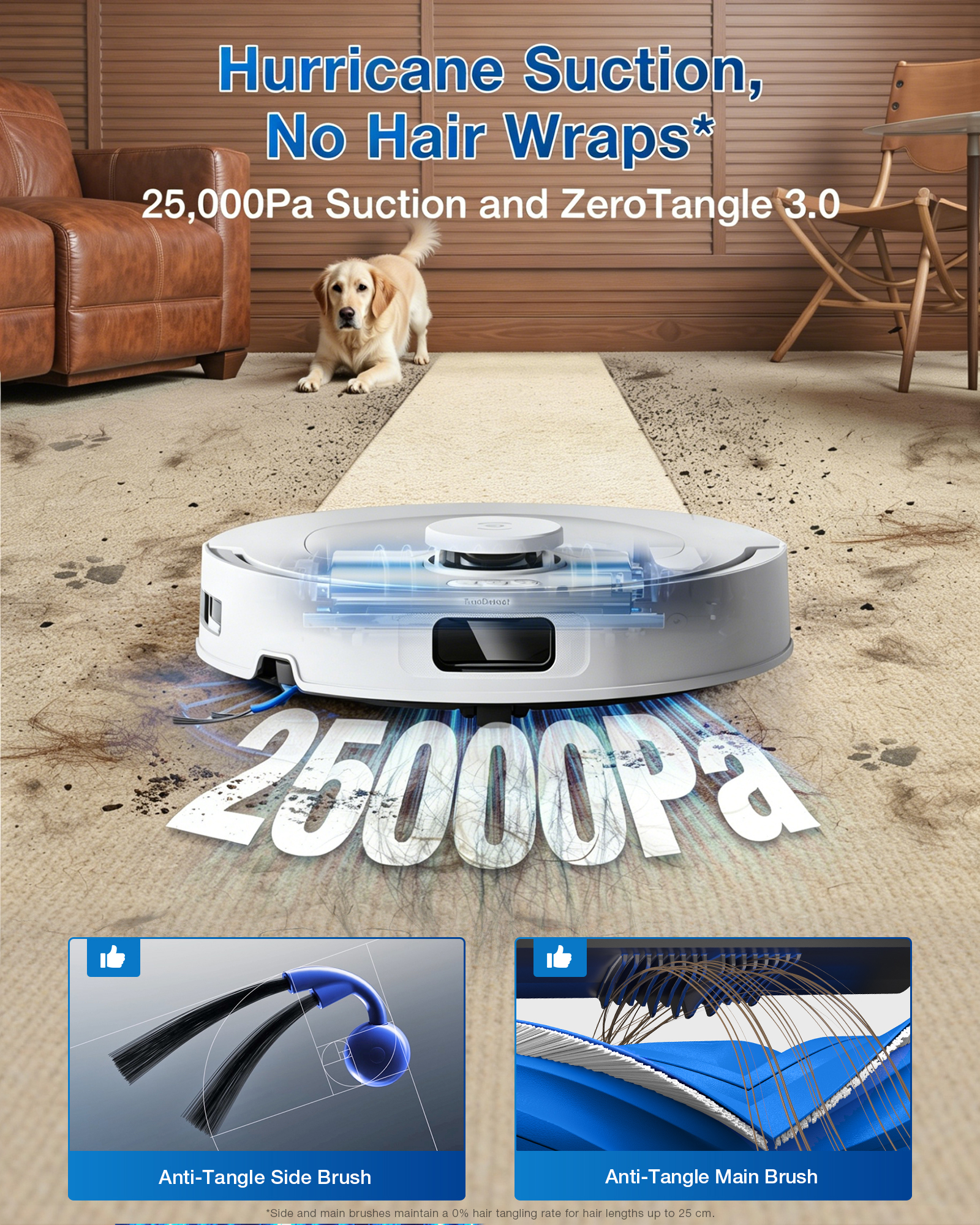 Un aspirateur robot nettoie un tapis près d'un canapé et d'un chien. 25000Pa d'aspiration.