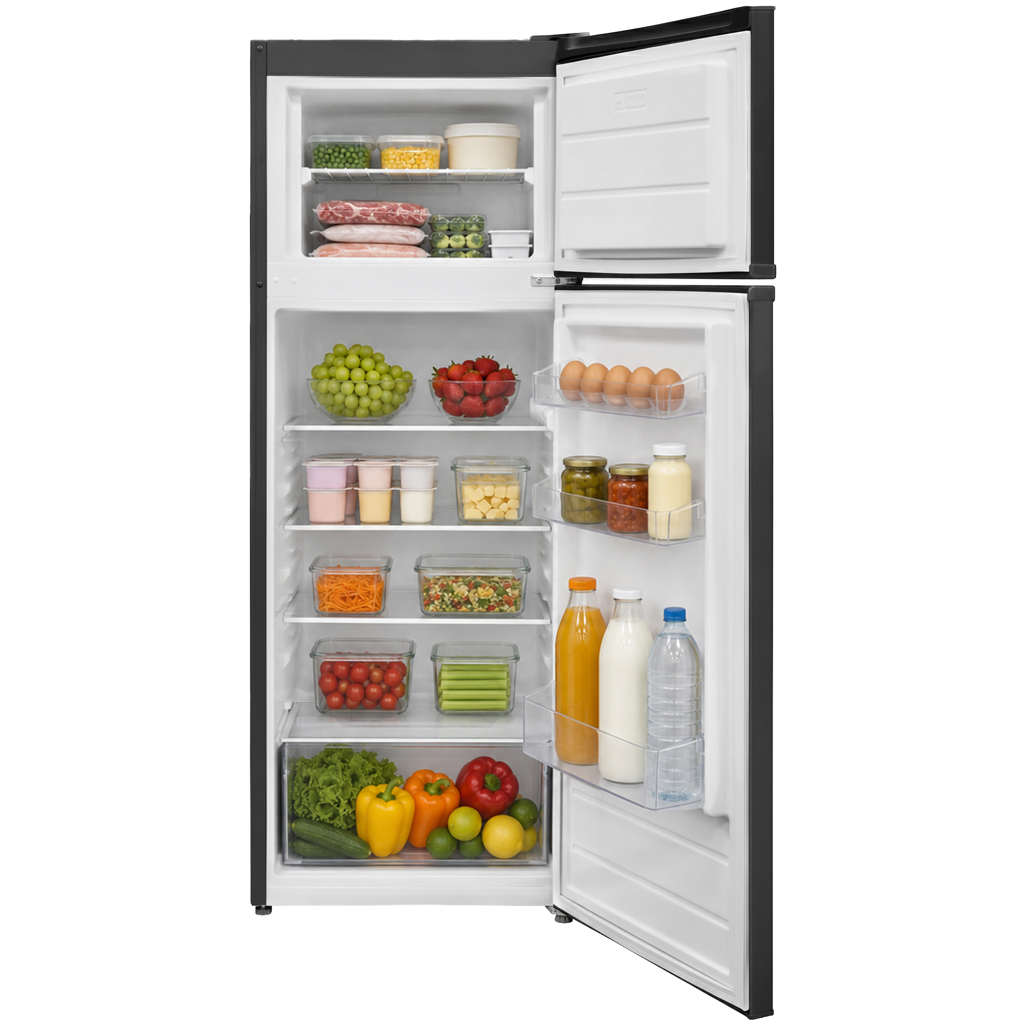 Un réfrigérateur ouvert rempli de nourriture : légumes, fruits, œufs, viande, boissons.
