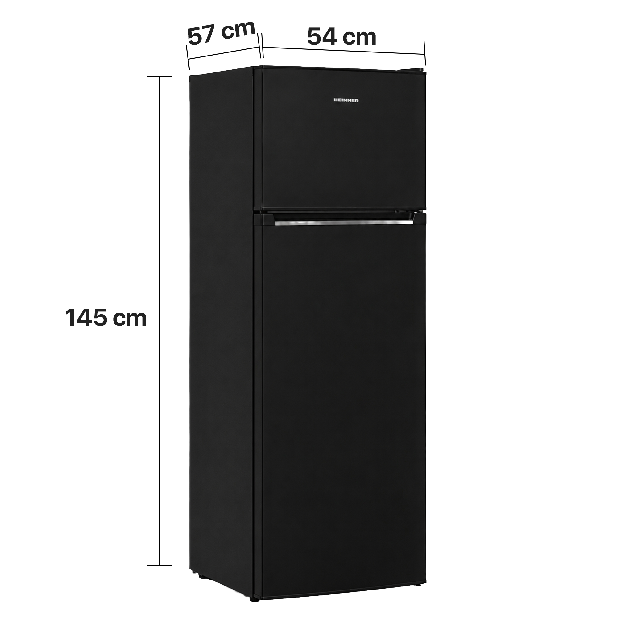 Réfrigérateur noir avec congélateur en haut, 145 cm de haut.