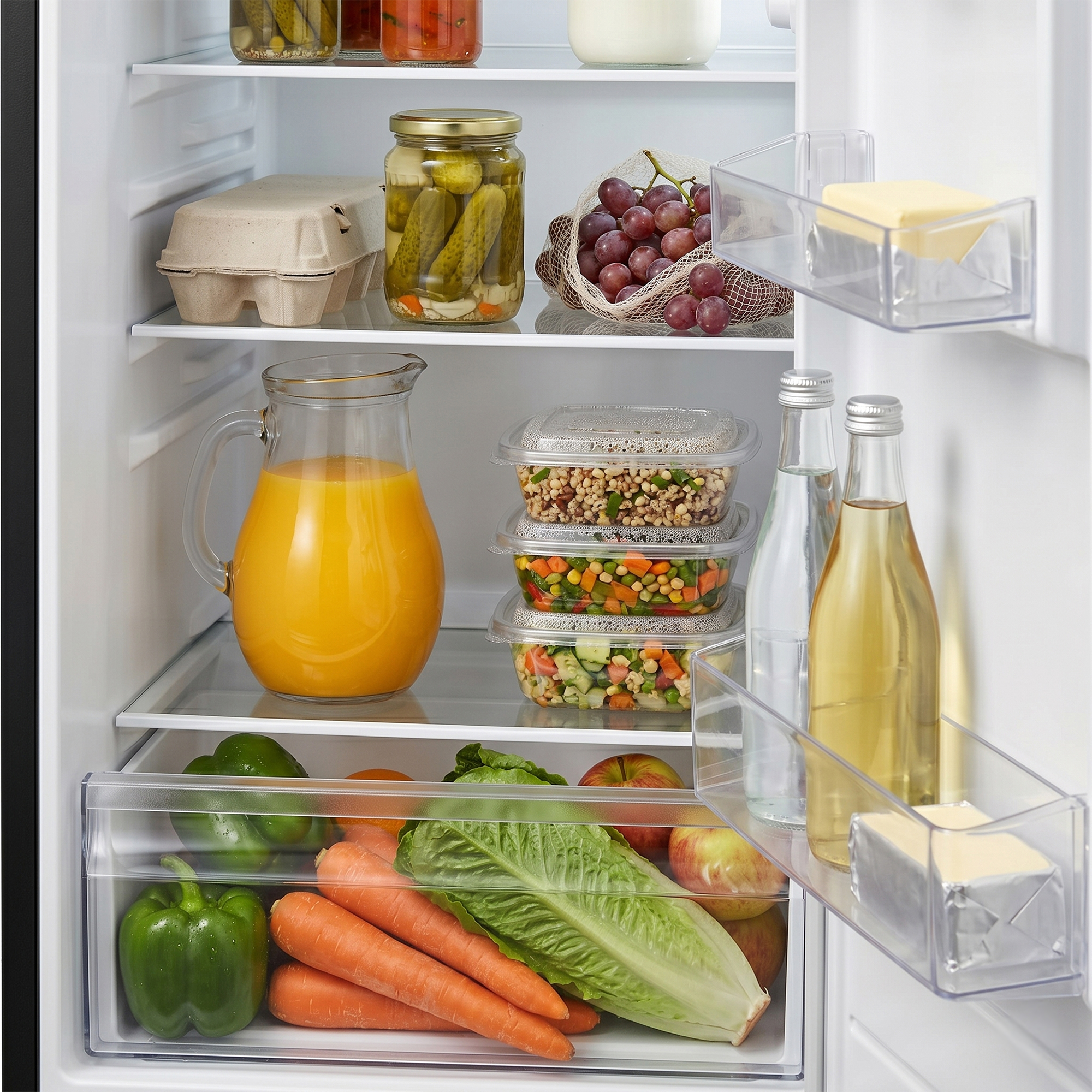 Un réfrigérateur ouvert rempli de nourriture : cornichons, raisins, œufs, jus, légumes et beurre.