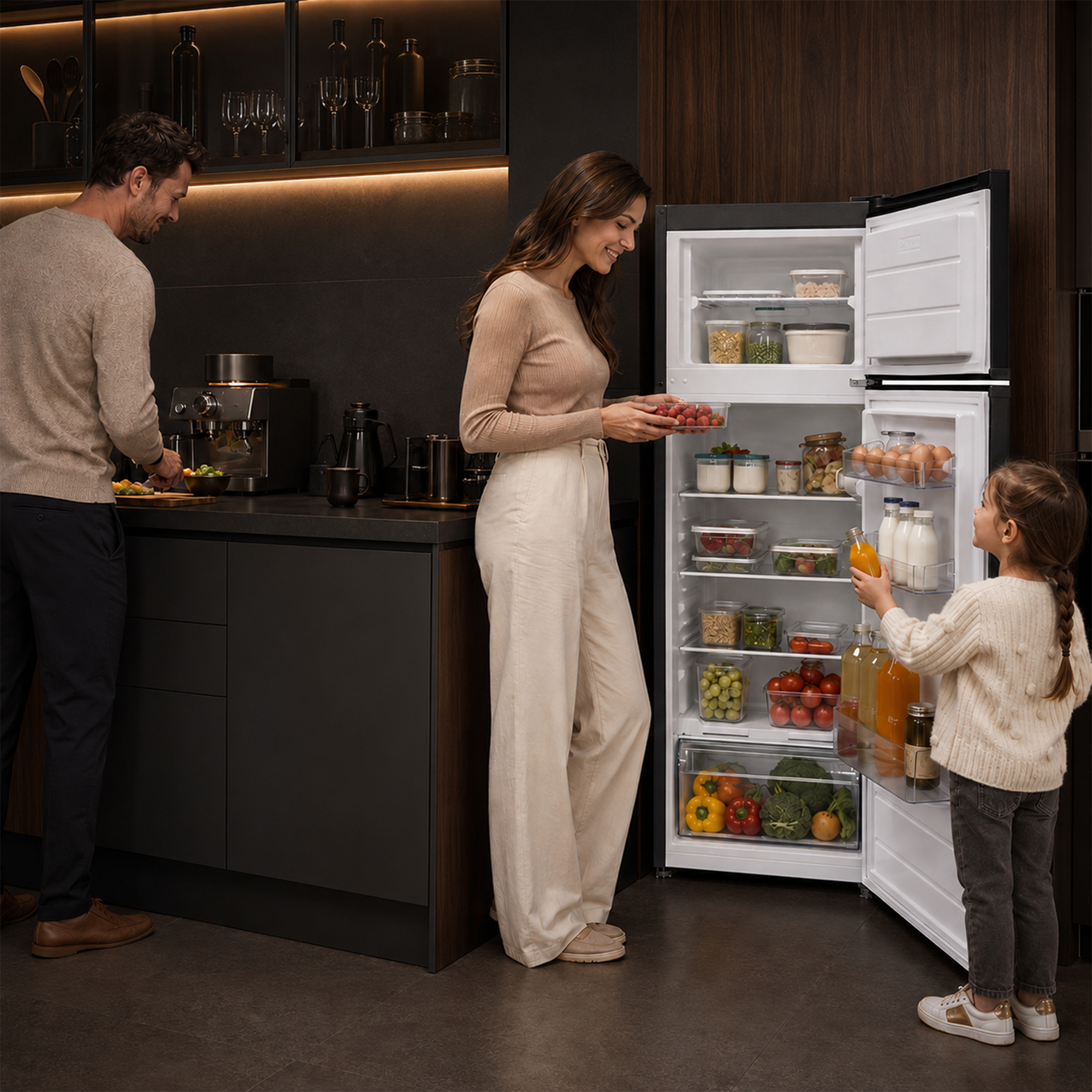Famille dans la cuisine : homme prépare nourriture, femme tient fraises, fille prend jus du réfrigérateur.