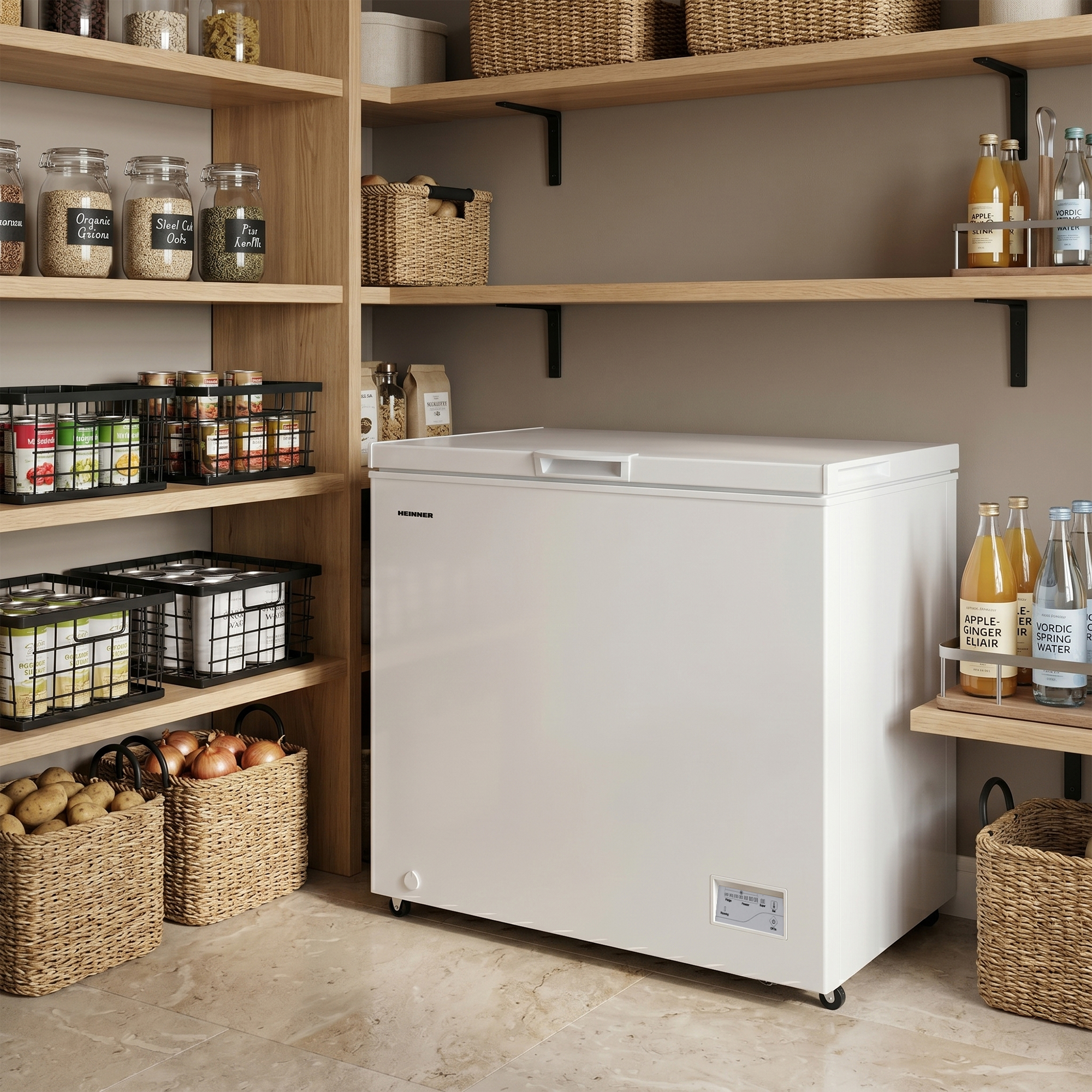 Un congélateur coffre blanc se trouve dans un garde-manger avec des étagères remplies d'aliments.