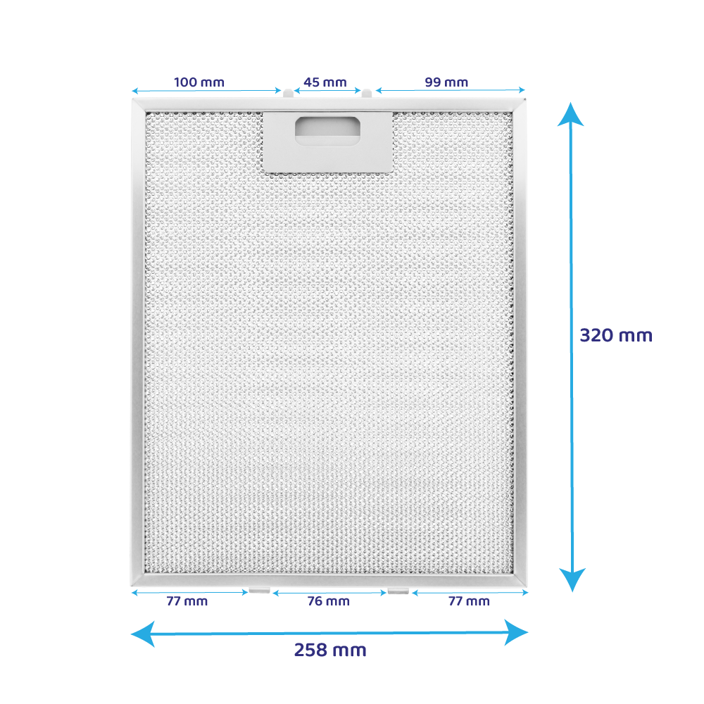 Ein silberner Metallfilter mit Maßen von 258 x 320 mm.