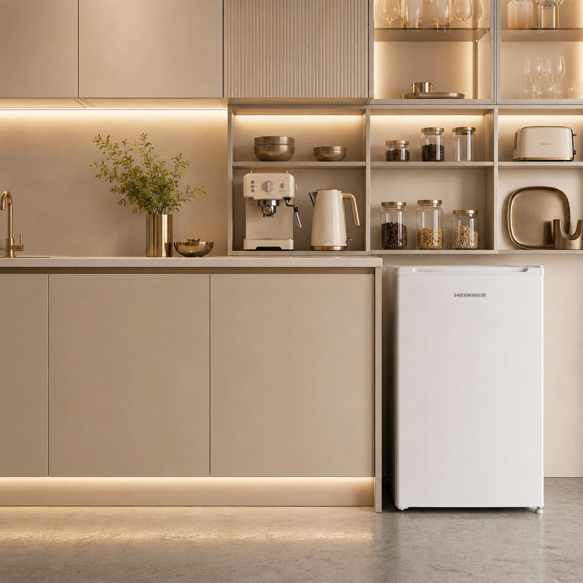 Une cuisine moderne avec des armoires beiges, un mini-frigo blanc et une cafetière.