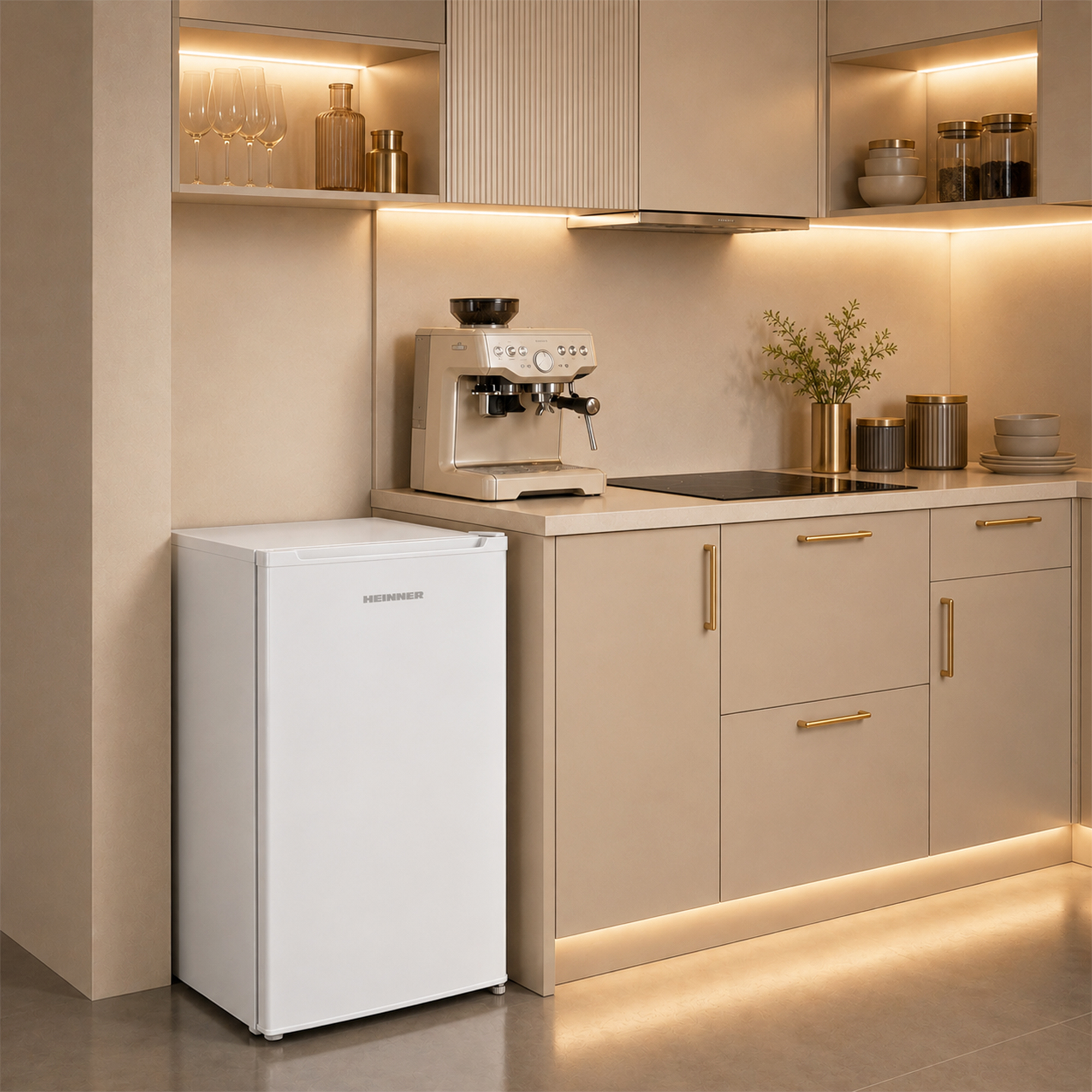 Un mini-frigo blanc se trouve à gauche dans une cuisine moderne avec des placards beiges.