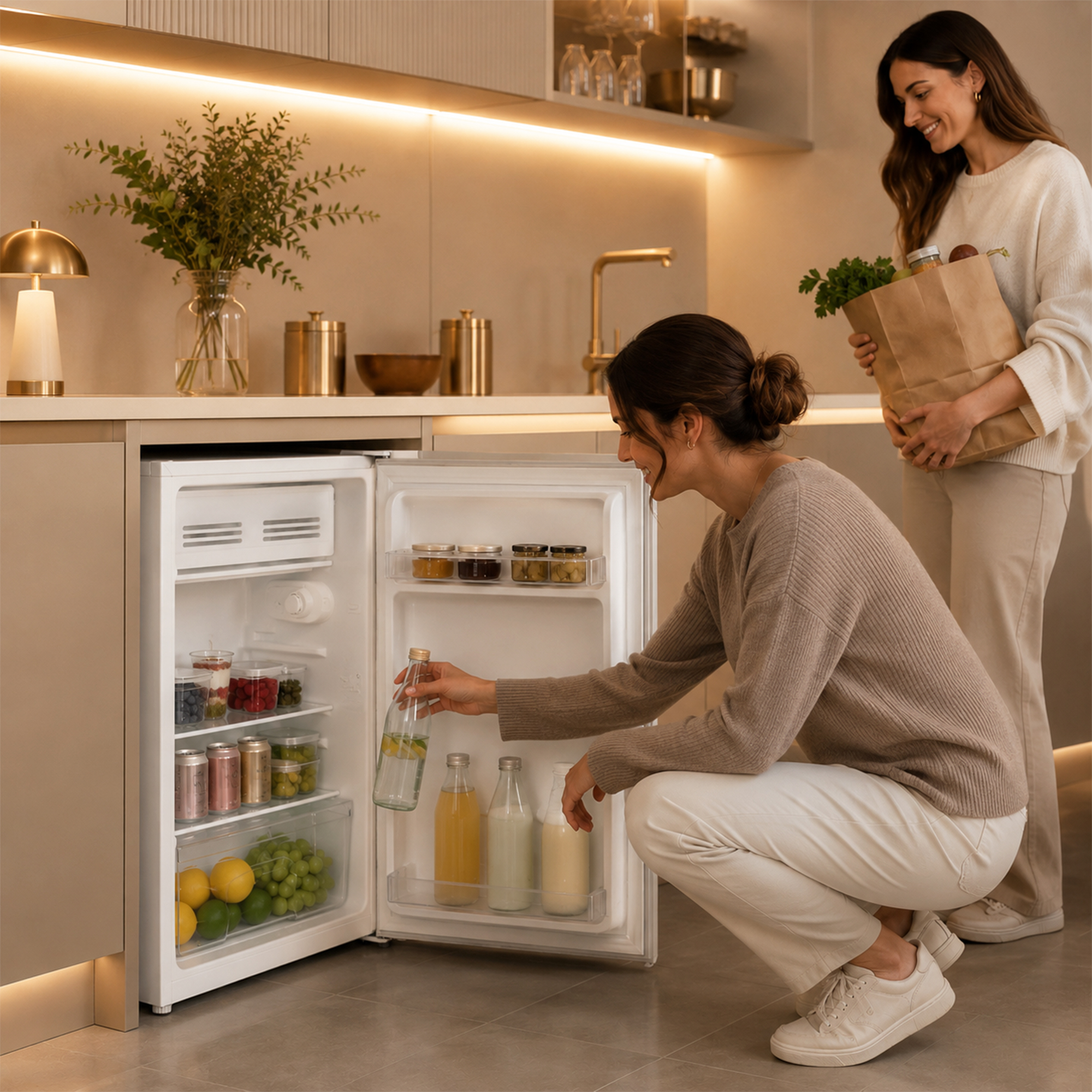 Femme ouvre frigo avec fruits, boissons, pots. Autre femme tient sac en papier.