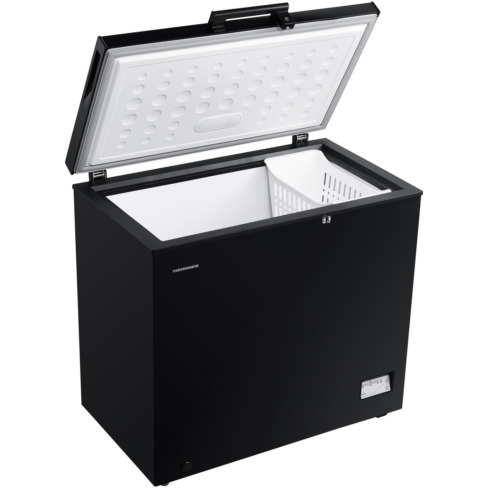 Un congélateur coffre noir avec son couvercle ouvert, montrant un panier intérieur blanc.
