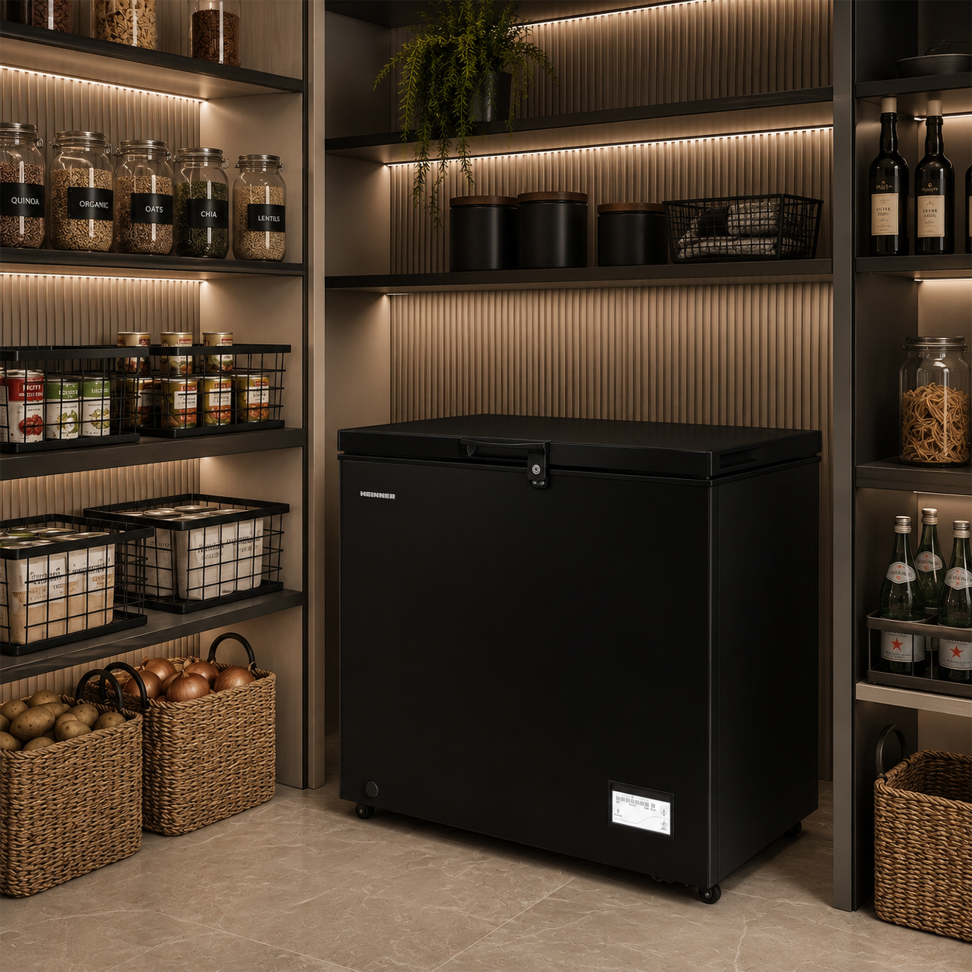 Un congélateur coffre noir dans un garde-manger avec des étagères de provisions et des paniers.